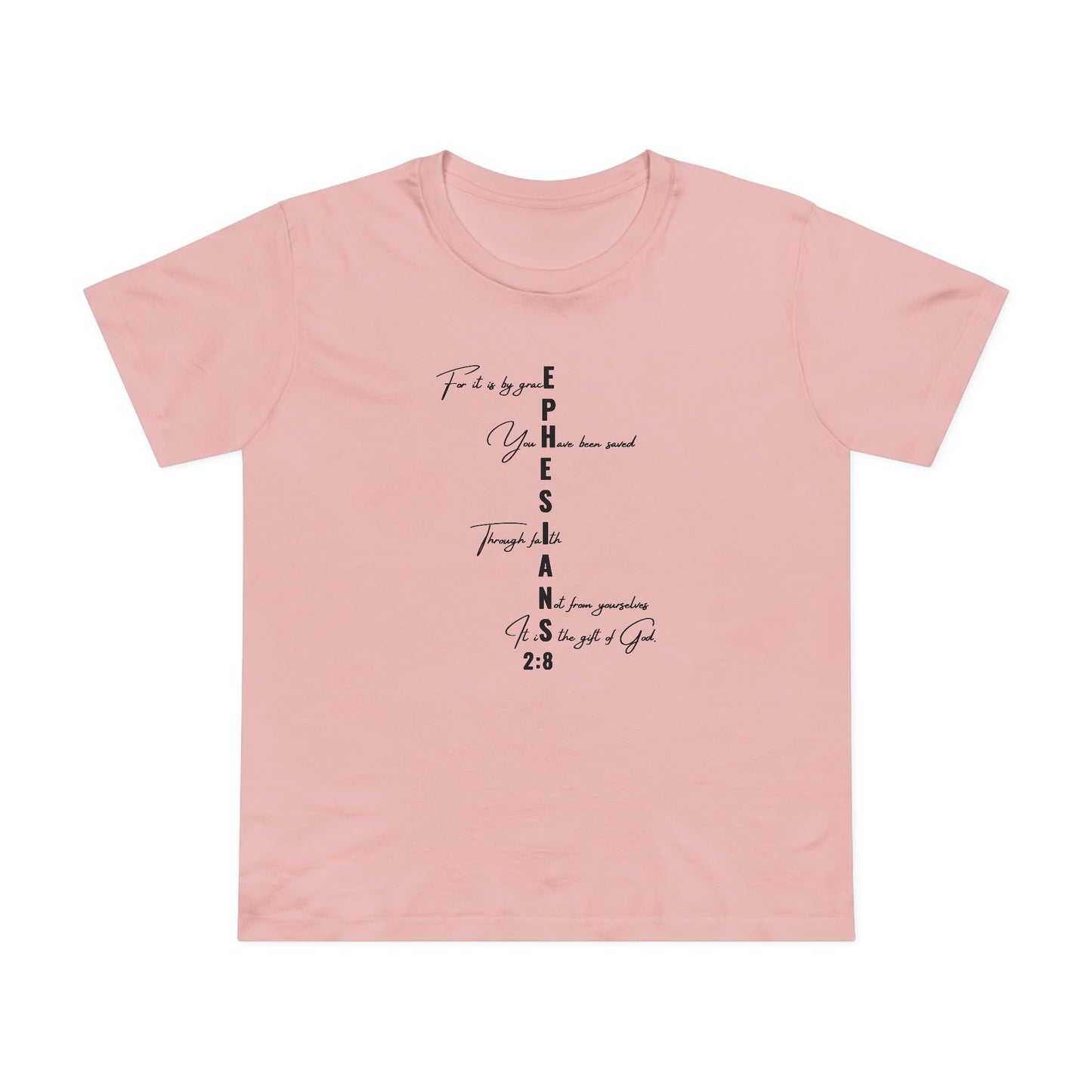 Ephesians 2:8 Grace & Faith Women’s Christian T-Shirt – Vertical Scripture Design