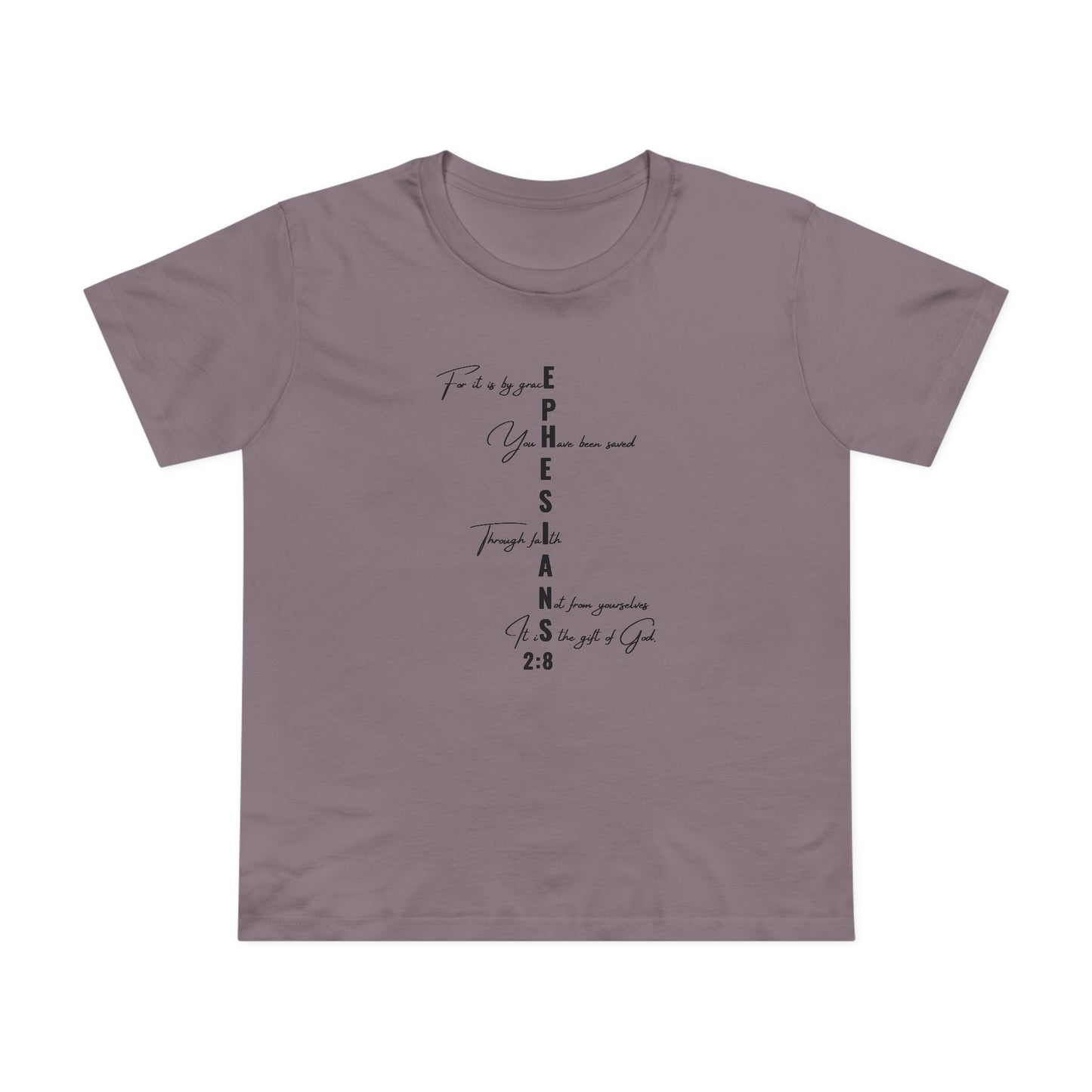 Ephesians 2:8 Grace & Faith Women’s Christian T-Shirt – Vertical Scripture Design