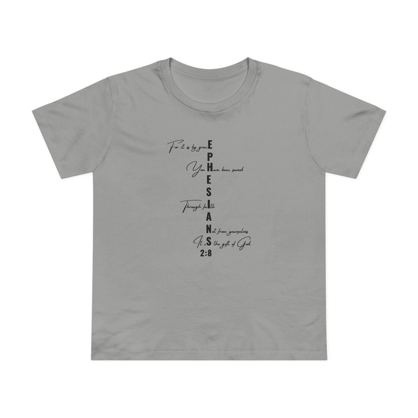 Ephesians 2:8 Grace & Faith Women’s Christian T-Shirt – Vertical Scripture Design