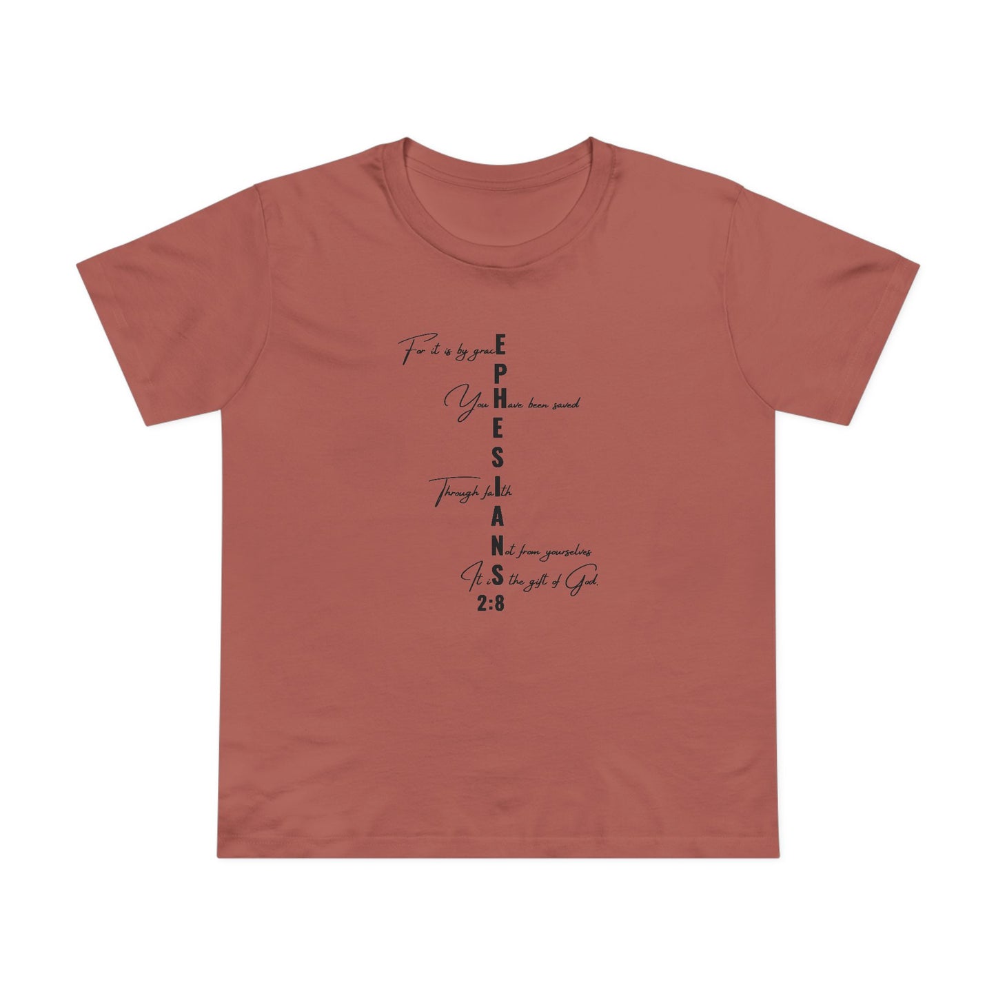 Ephesians 2:8 Grace & Faith Women’s Christian T-Shirt – Vertical Scripture Design