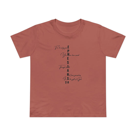 Ephesians 2:8 Grace & Faith Women’s Christian T-Shirt – Vertical Scripture Design