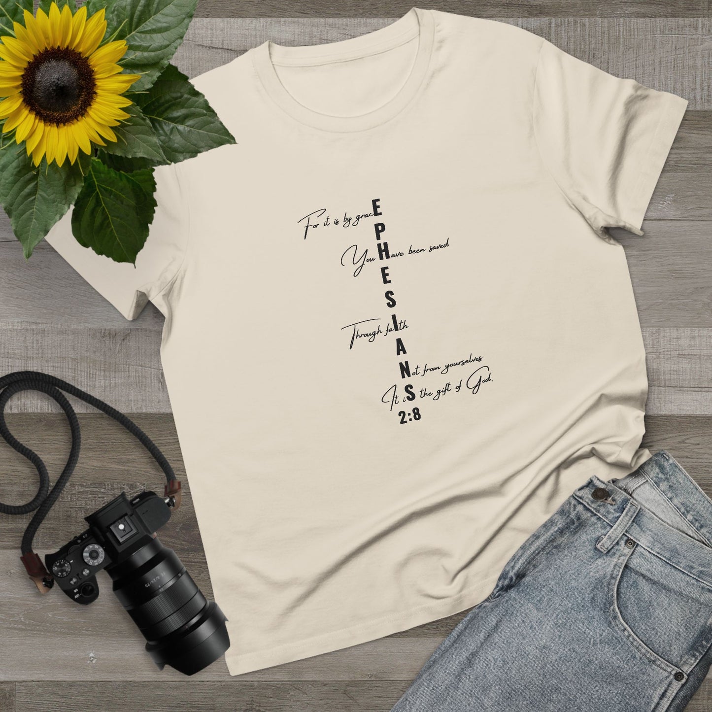 Ephesians 2:8 Grace & Faith Women’s Christian T-Shirt – Vertical Scripture Design