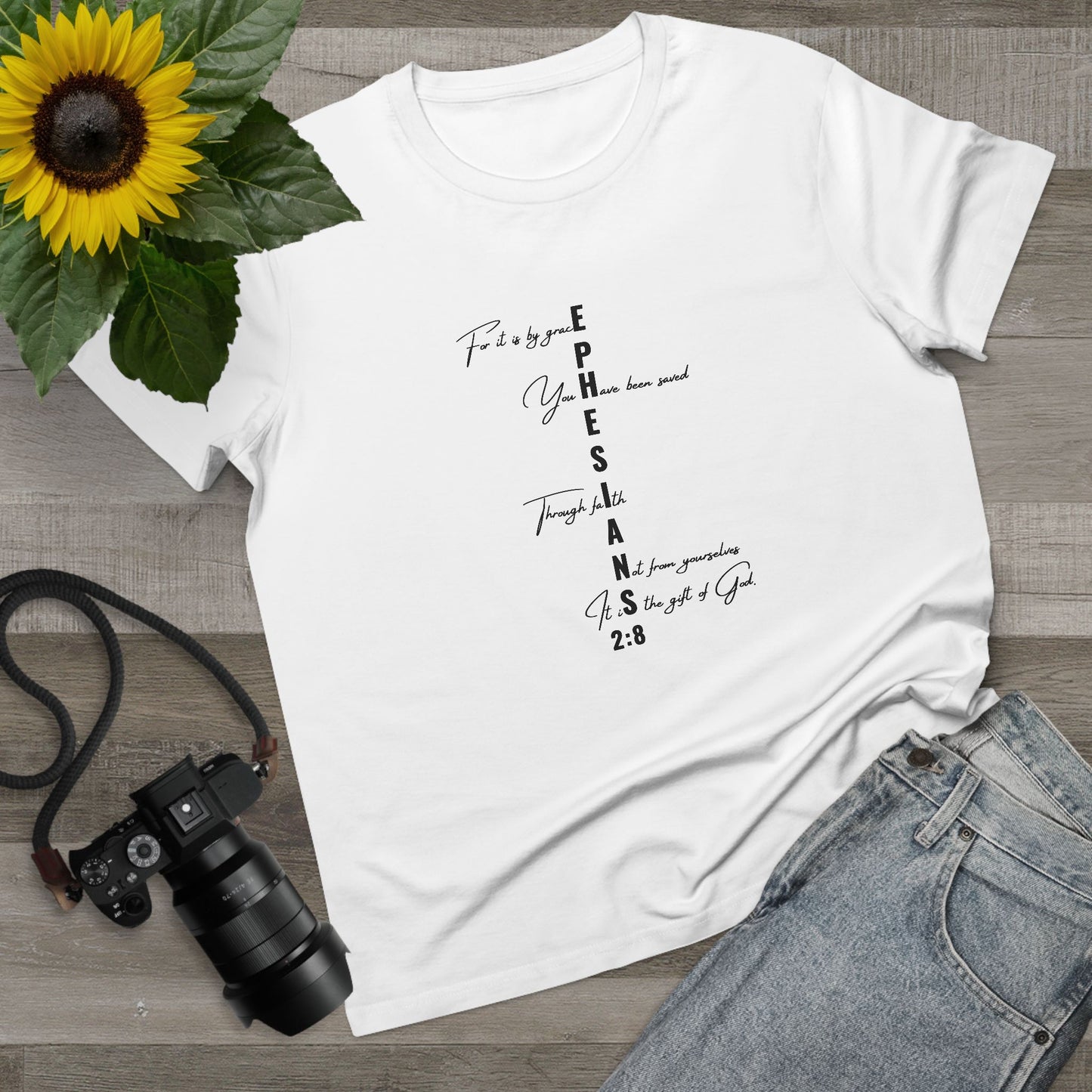 Ephesians 2:8 Grace & Faith Women’s Christian T-Shirt – Vertical Scripture Design