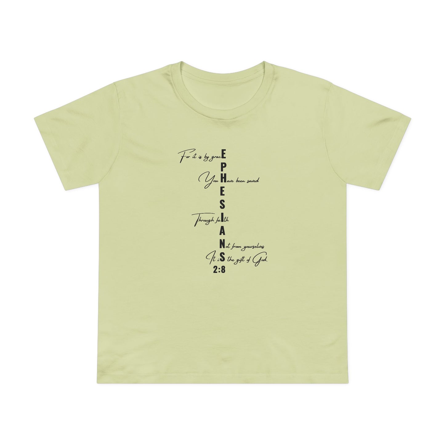 Ephesians 2:8 Grace & Faith Women’s Christian T-Shirt – Vertical Scripture Design