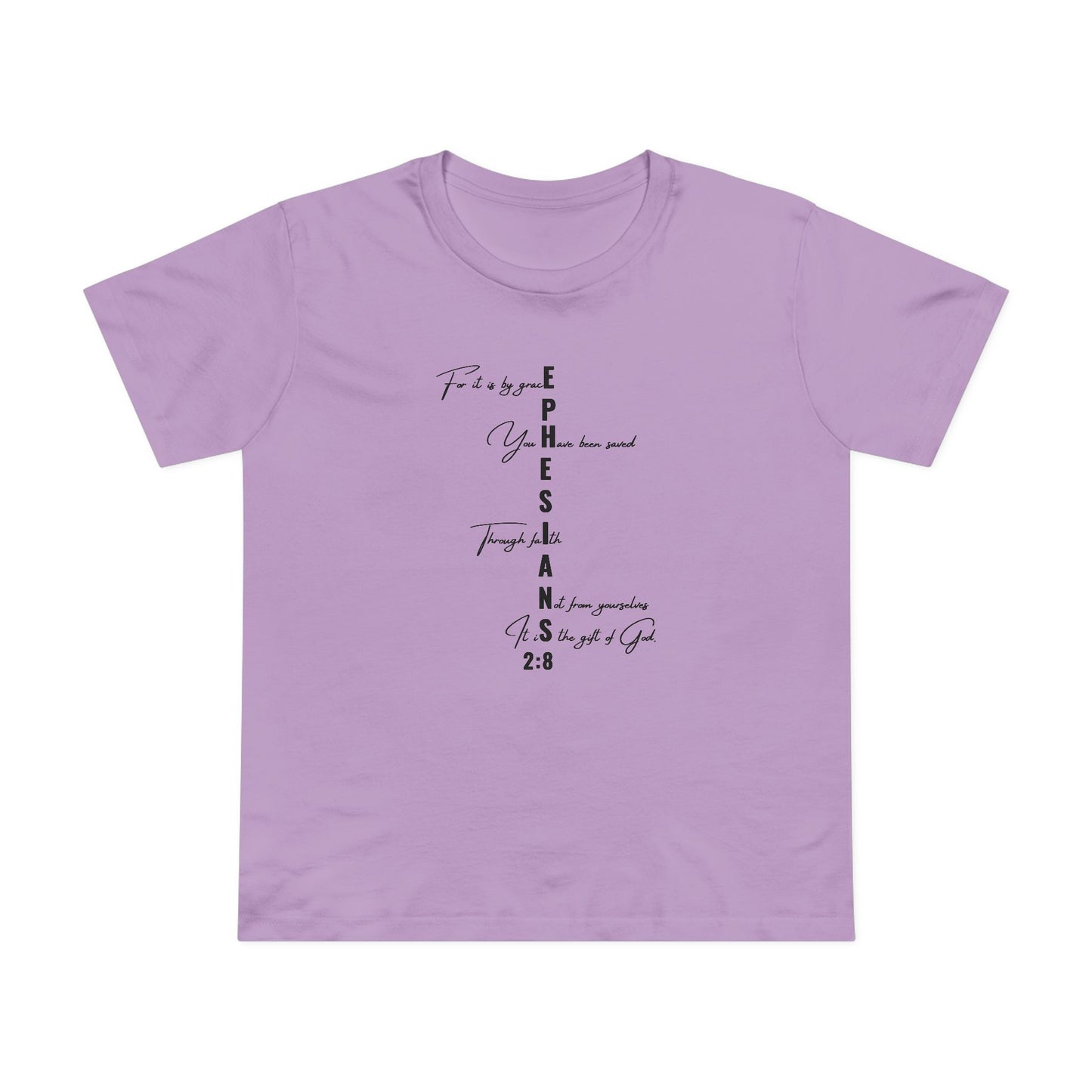 Ephesians 2:8 Grace & Faith Women’s Christian T-Shirt – Vertical Scripture Design