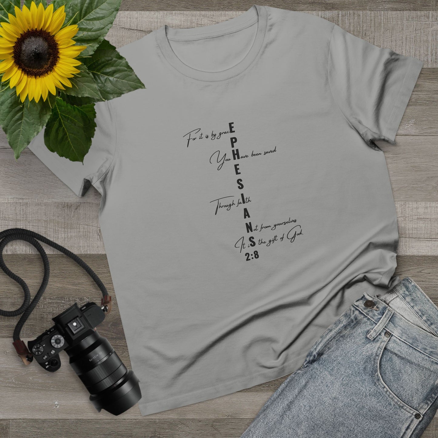 Ephesians 2:8 Grace & Faith Women’s Christian T-Shirt – Vertical Scripture Design