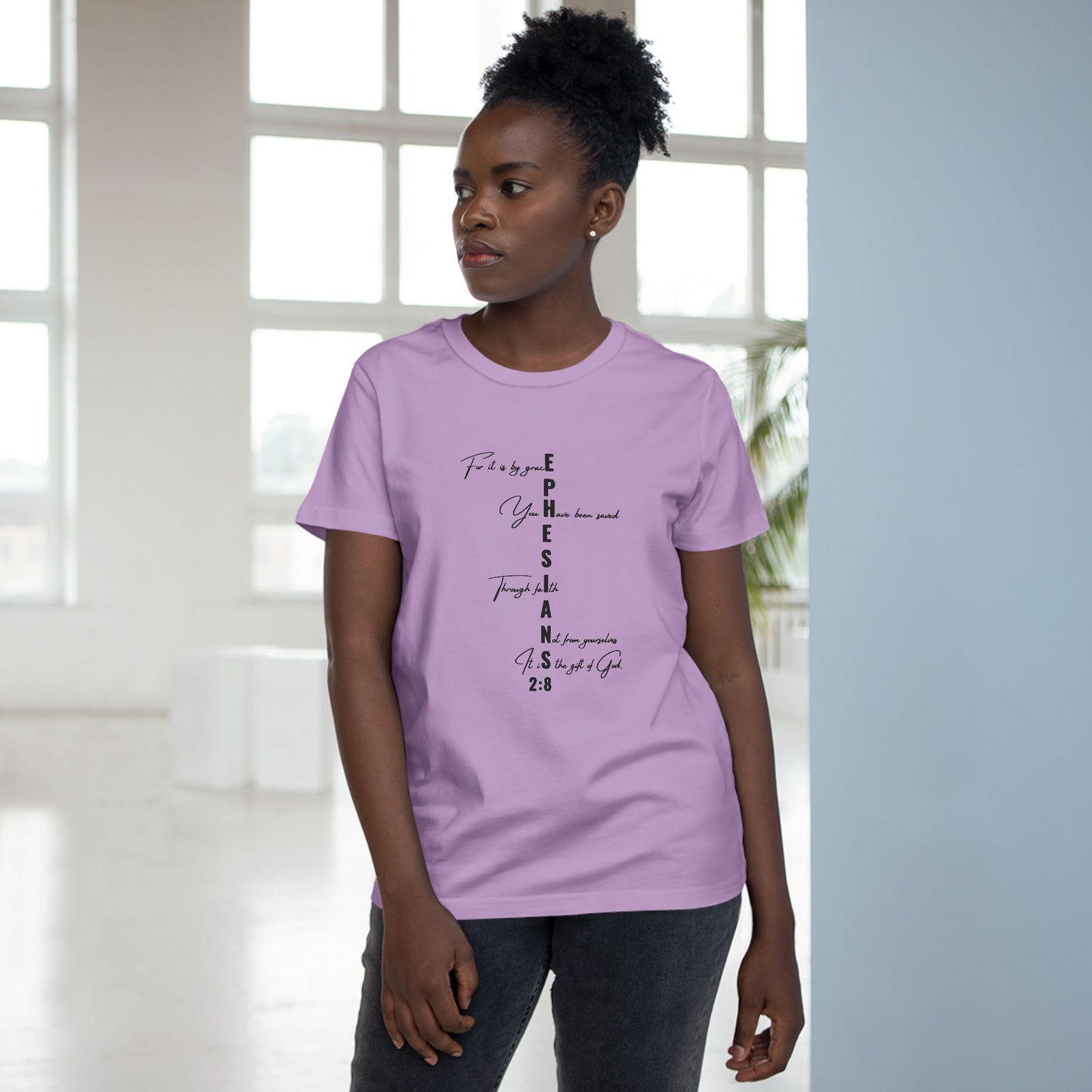 Ephesians 2:8 Grace & Faith Women’s Christian T-Shirt – Vertical Scripture Design