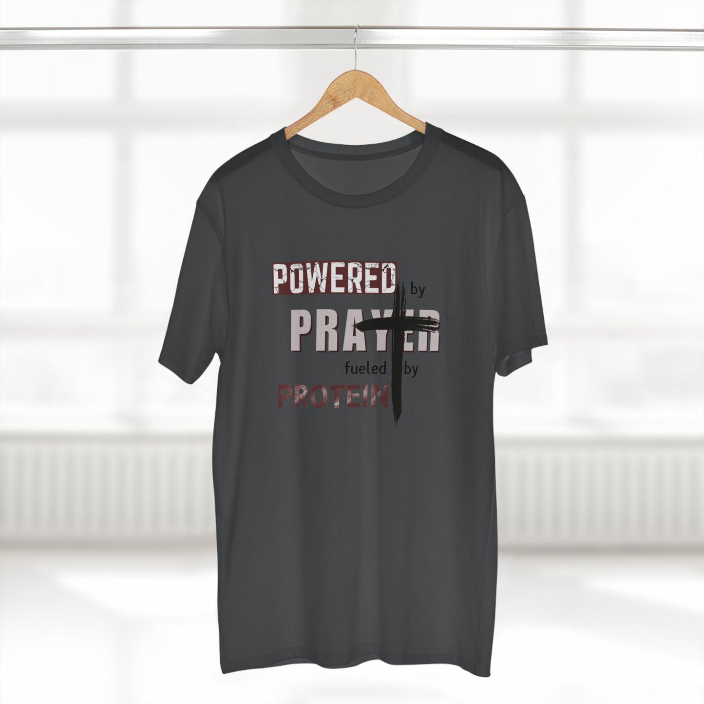 Powered by Prayer and Protein T-Shirt – Christian Fitness Gym Tee for Faith-Driven Athletes