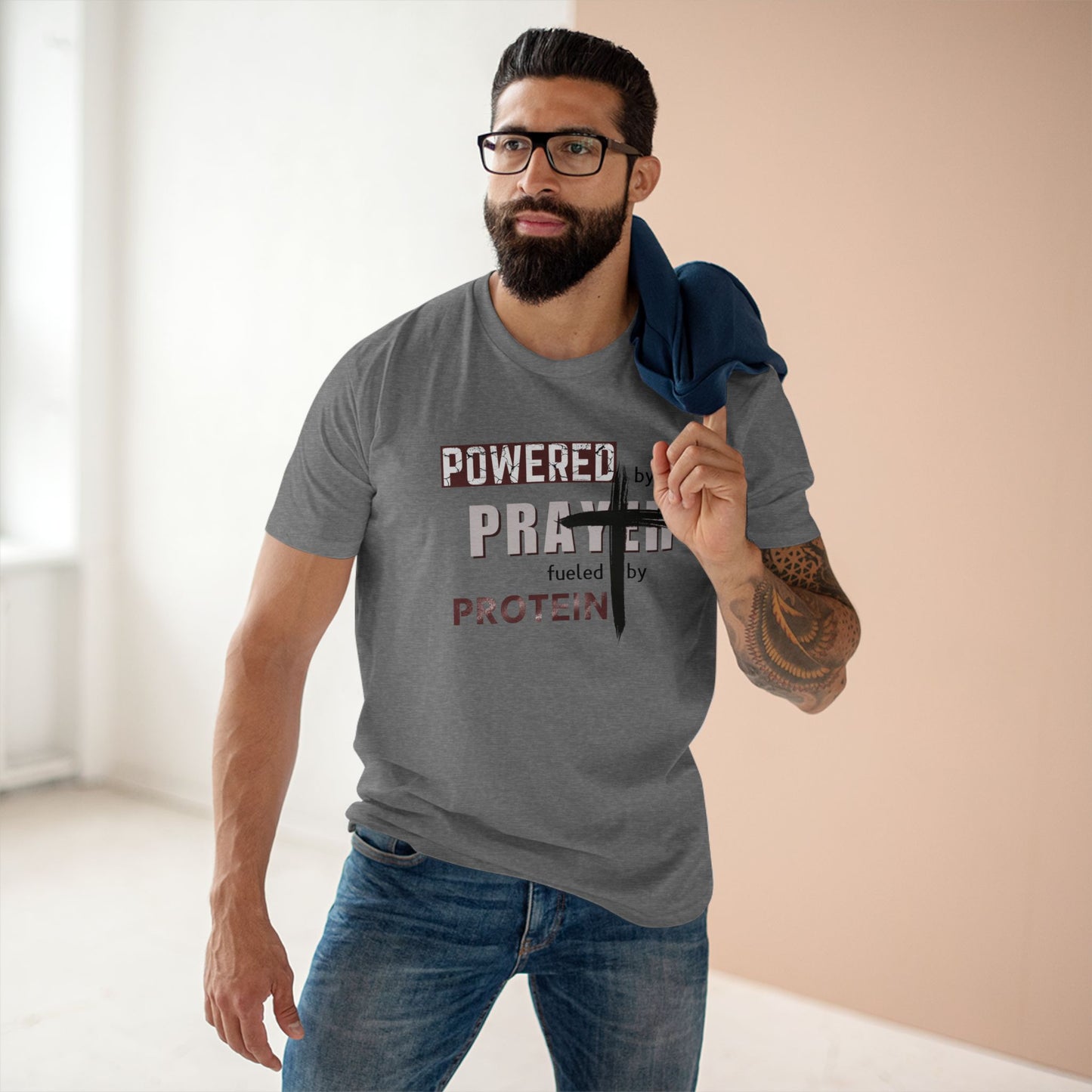 Powered by Prayer and Protein T-Shirt – Christian Fitness Gym Tee for Faith-Driven Athletes