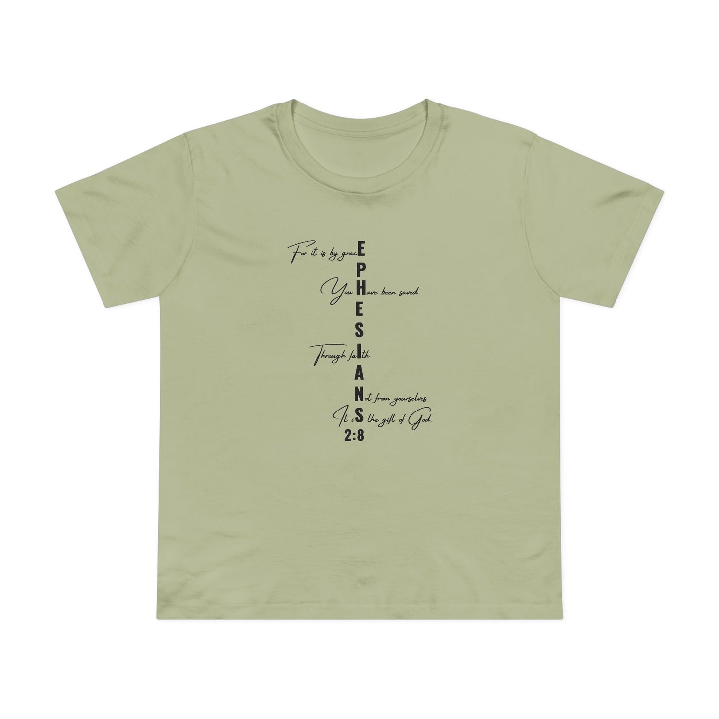 Ephesians 2:8 Grace & Faith Women’s Christian T-Shirt – Vertical Scripture Design