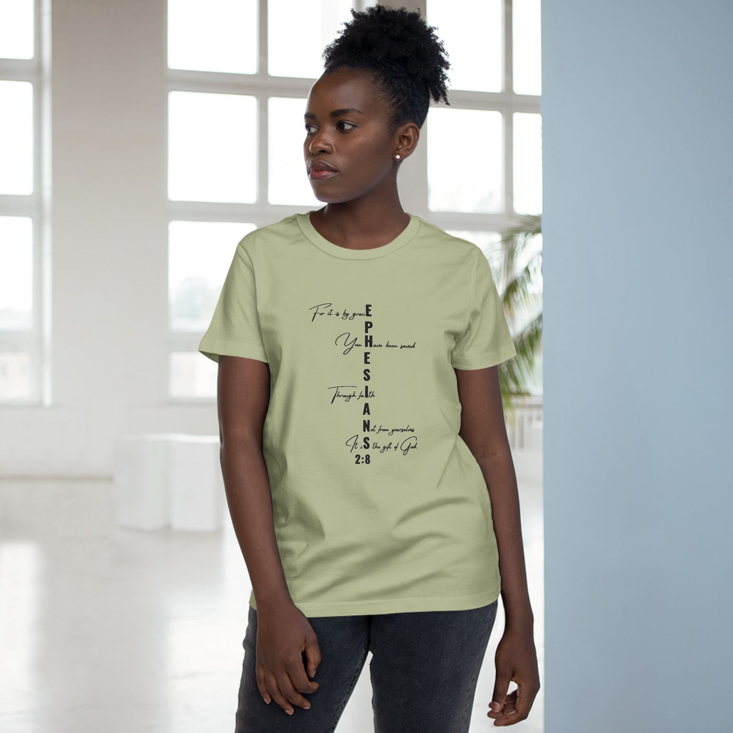 Ephesians 2:8 Grace & Faith Women’s Christian T-Shirt – Vertical Scripture Design