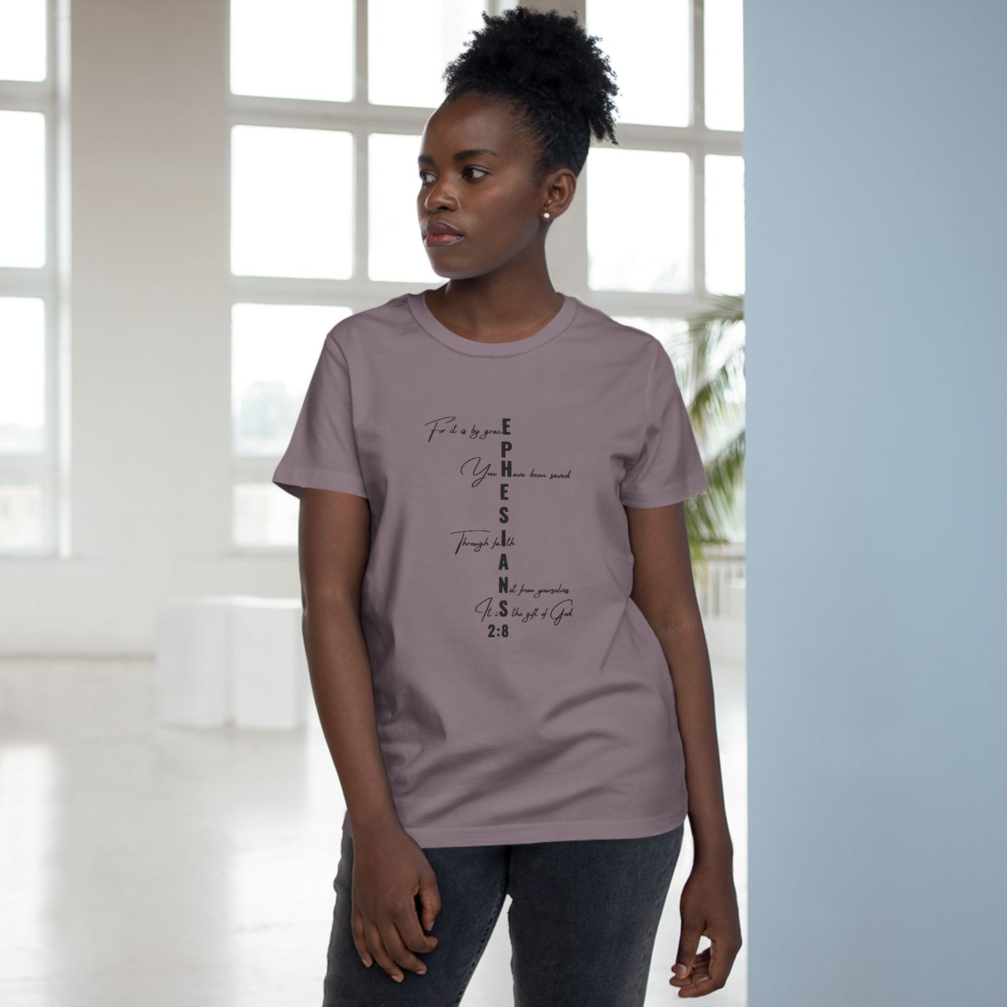 Ephesians 2:8 Grace & Faith Women’s Christian T-Shirt – Vertical Scripture Design