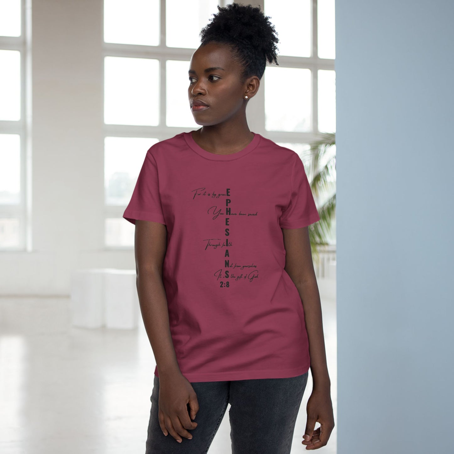 Ephesians 2:8 Grace & Faith Women’s Christian T-Shirt – Vertical Scripture Design