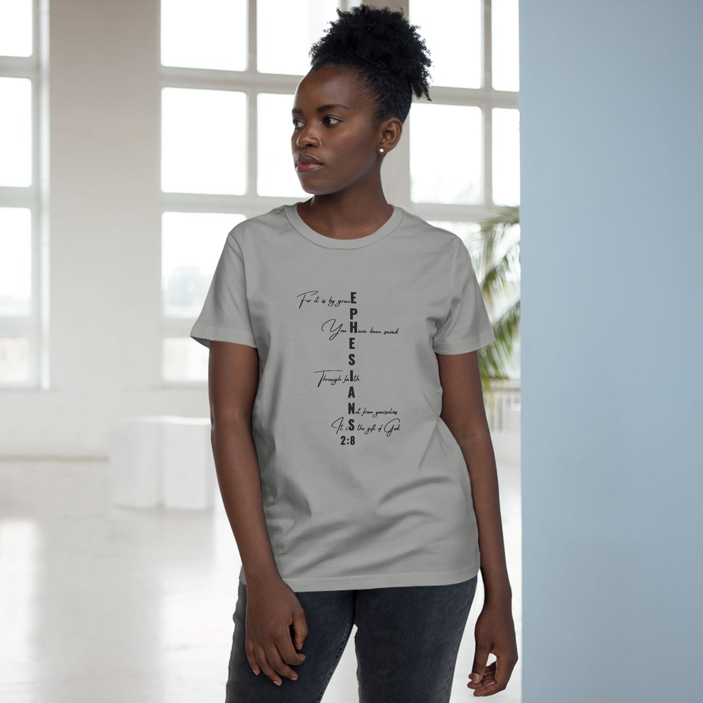 Ephesians 2:8 Grace & Faith Women’s Christian T-Shirt – Vertical Scripture Design