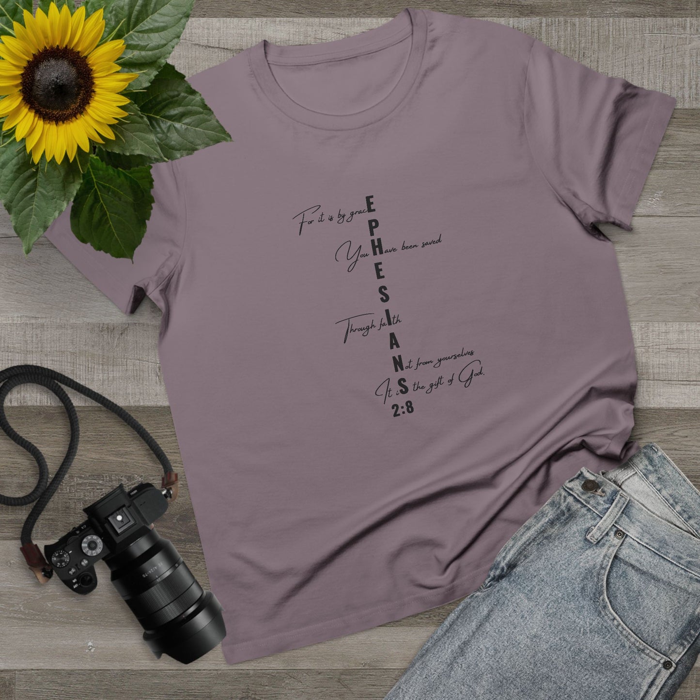 Ephesians 2:8 Grace & Faith Women’s Christian T-Shirt – Vertical Scripture Design