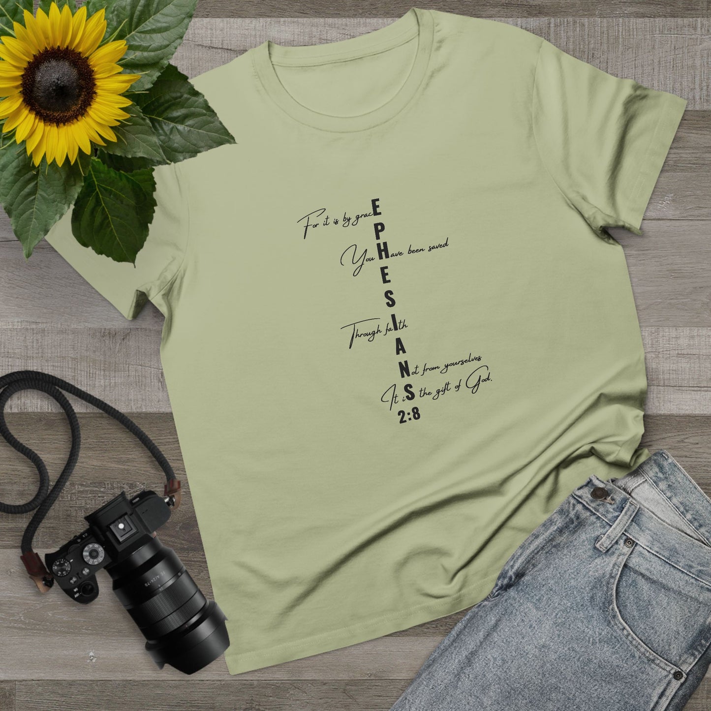 Ephesians 2:8 Grace & Faith Women’s Christian T-Shirt – Vertical Scripture Design