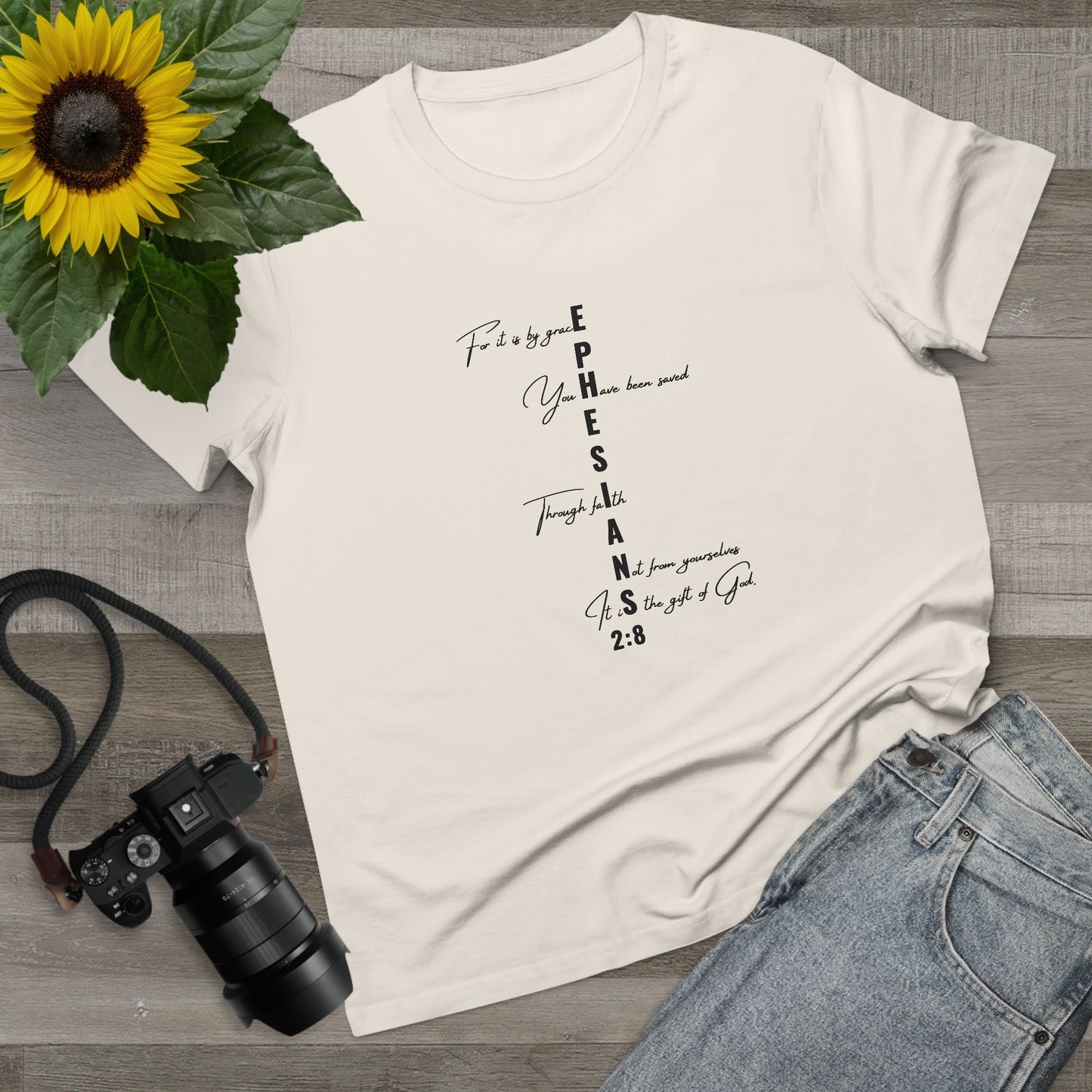 Ephesians 2:8 Grace & Faith Women’s Christian T-Shirt – Vertical Scripture Design