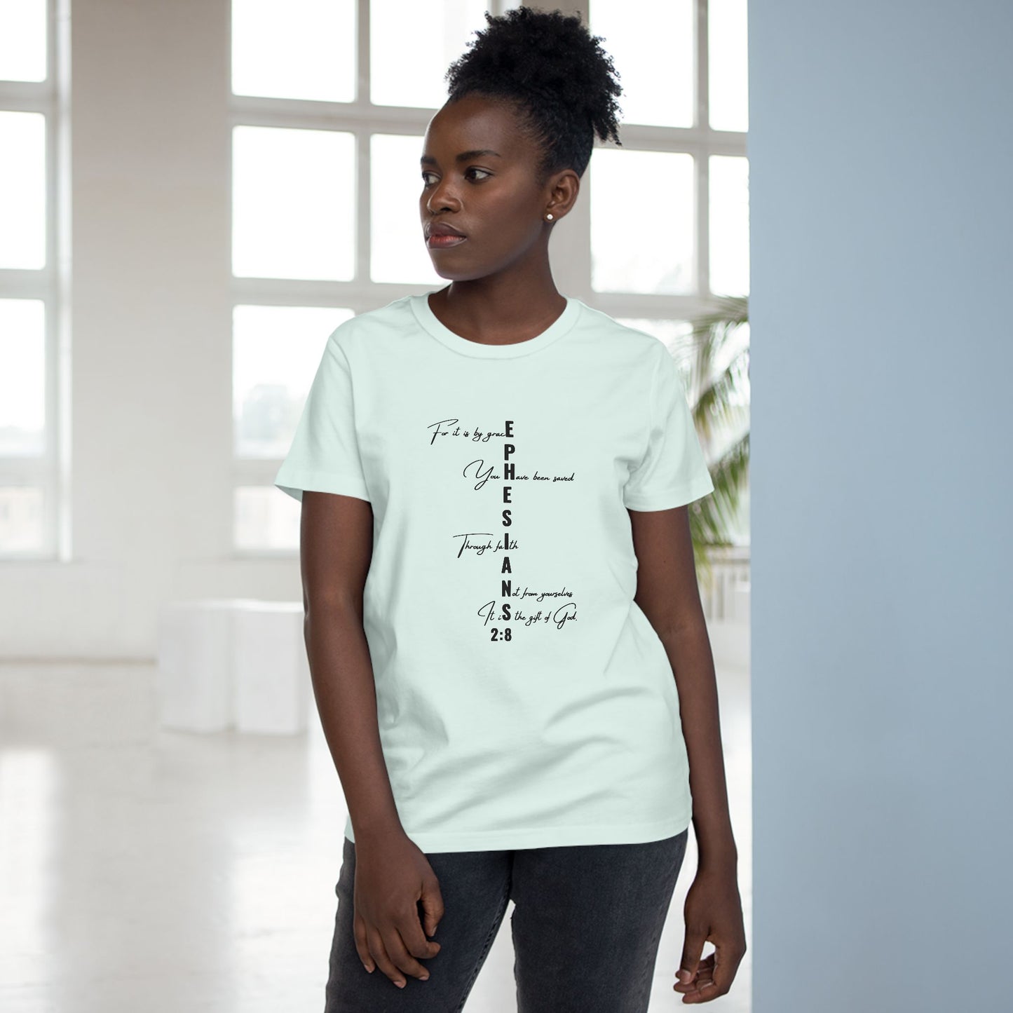 Ephesians 2:8 Grace & Faith Women’s Christian T-Shirt – Vertical Scripture Design