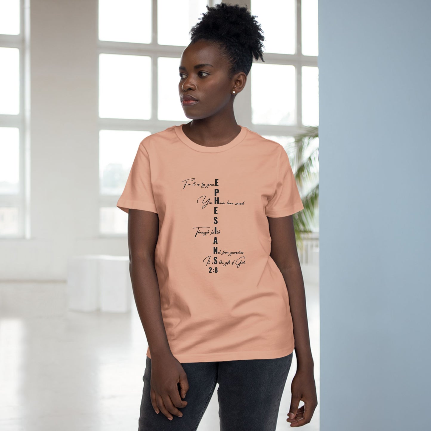 Ephesians 2:8 Grace & Faith Women’s Christian T-Shirt – Vertical Scripture Design