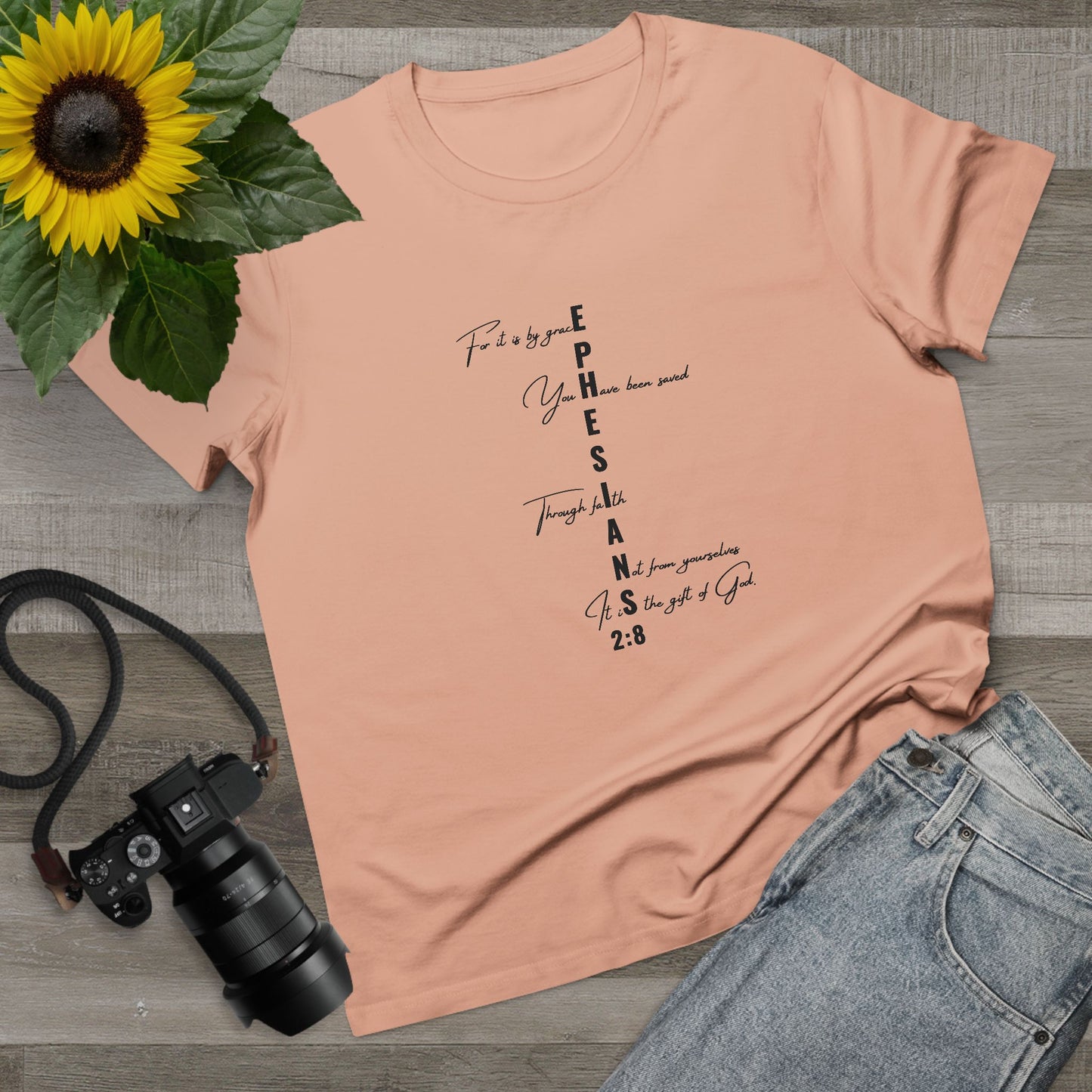 Ephesians 2:8 Grace & Faith Women’s Christian T-Shirt – Vertical Scripture Design
