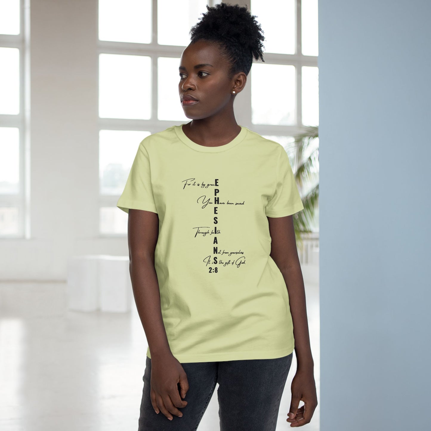 Ephesians 2:8 Grace & Faith Women’s Christian T-Shirt – Vertical Scripture Design