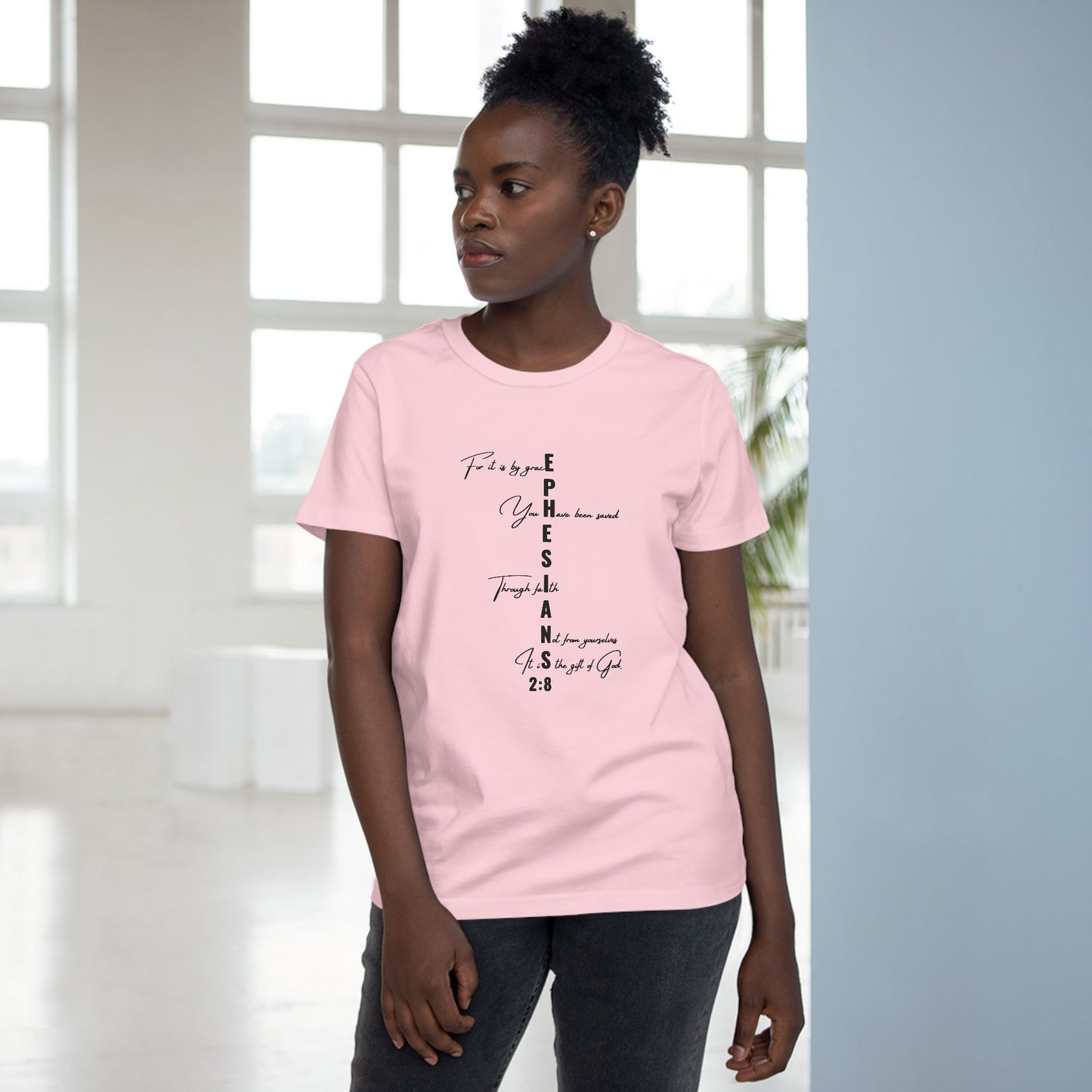 Ephesians 2:8 Grace & Faith Women’s Christian T-Shirt – Vertical Scripture Design