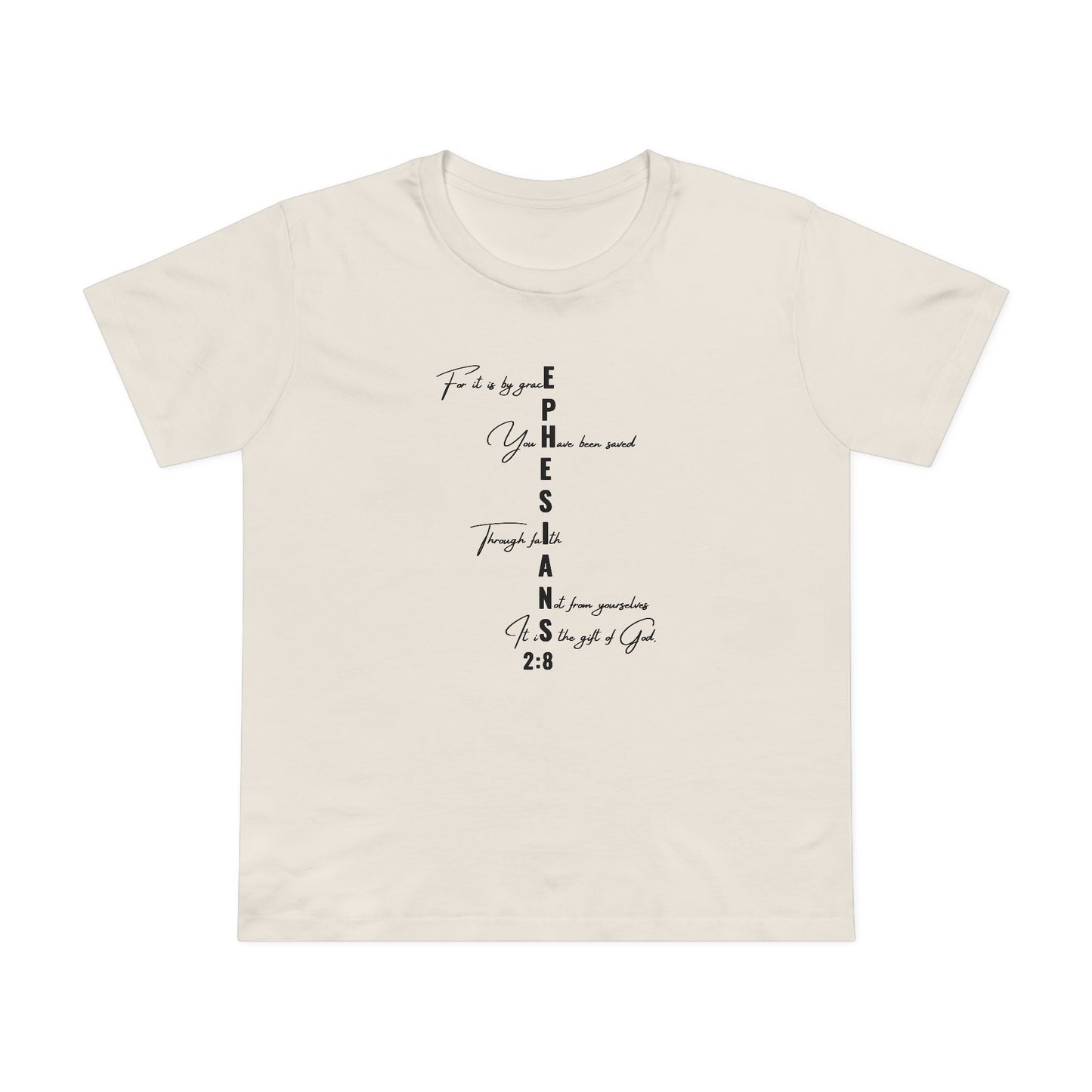 Ephesians 2:8 Grace & Faith Women’s Christian T-Shirt – Vertical Scripture Design