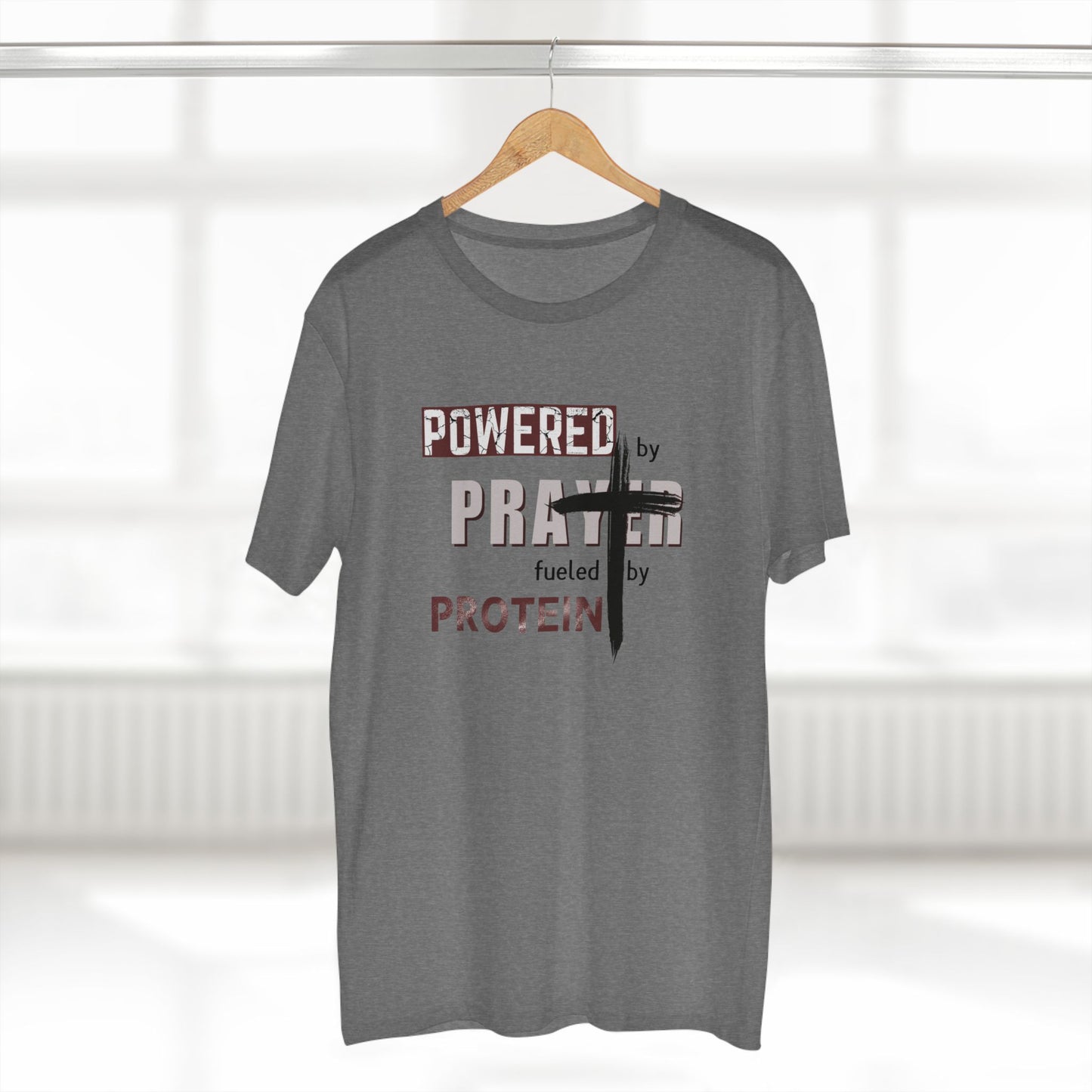 Powered by Prayer and Protein T-Shirt – Christian Fitness Gym Tee for Faith-Driven Athletes