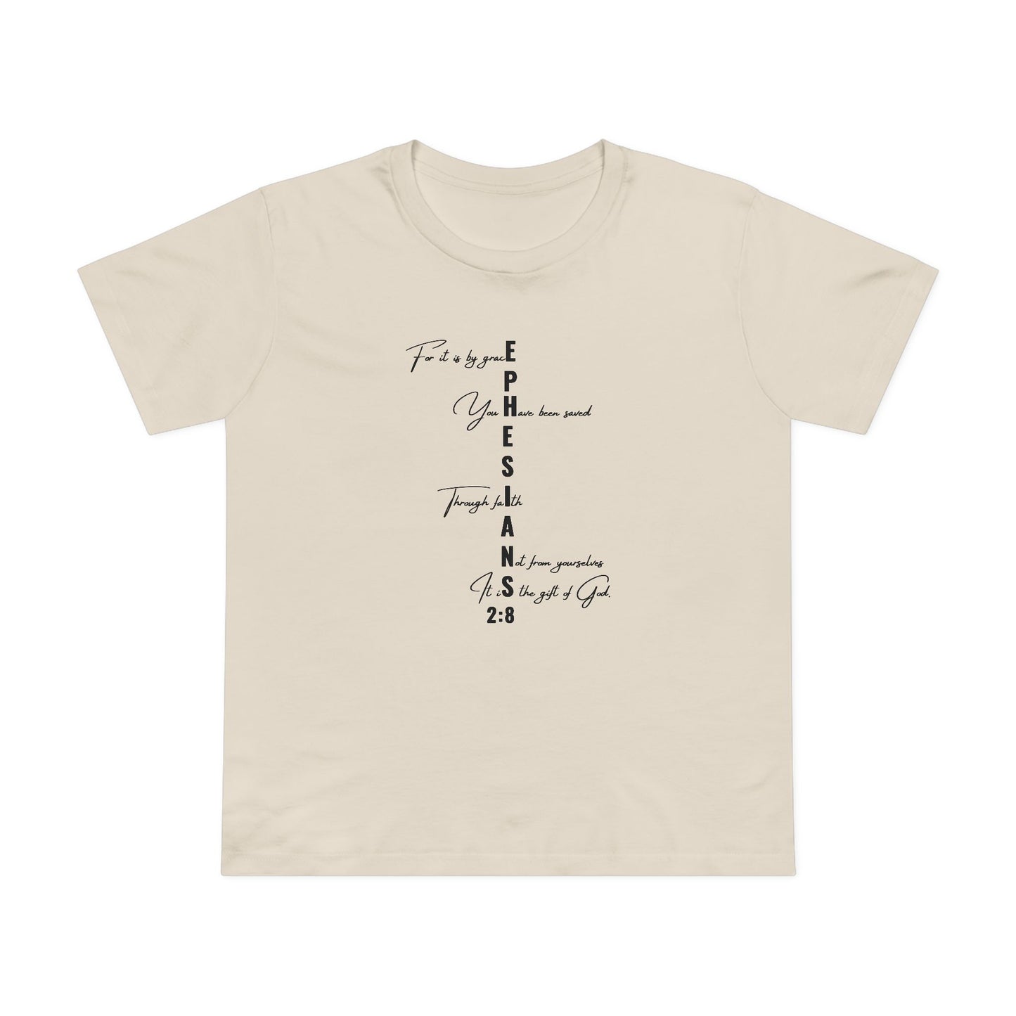 Ephesians 2:8 Grace & Faith Women’s Christian T-Shirt – Vertical Scripture Design