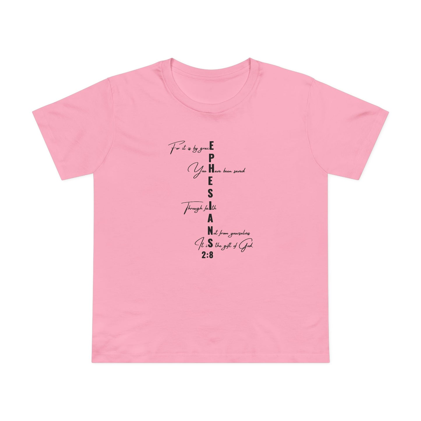 Ephesians 2:8 Grace & Faith Women’s Christian T-Shirt – Vertical Scripture Design
