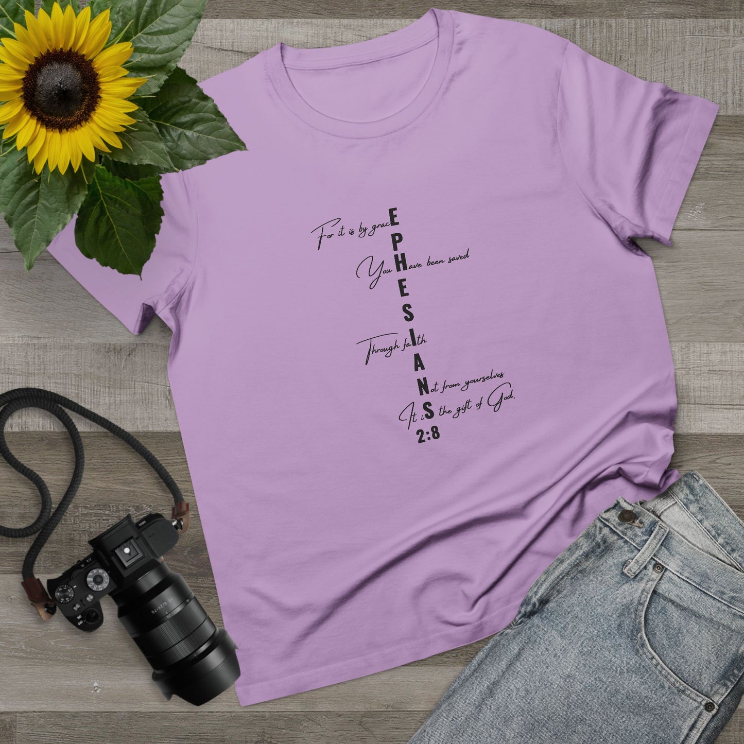 Ephesians 2:8 Grace & Faith Women’s Christian T-Shirt – Vertical Scripture Design