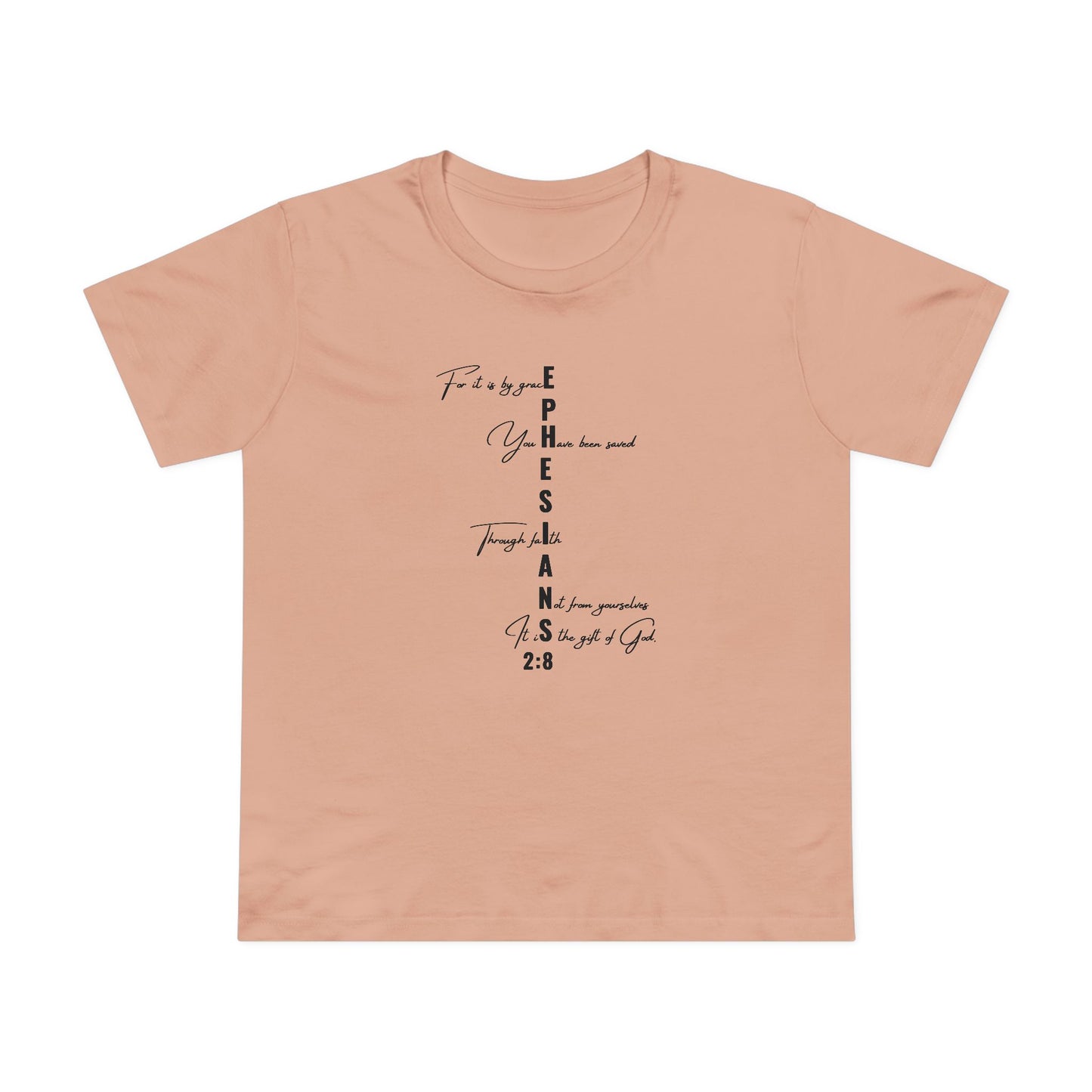 Ephesians 2:8 Grace & Faith Women’s Christian T-Shirt – Vertical Scripture Design