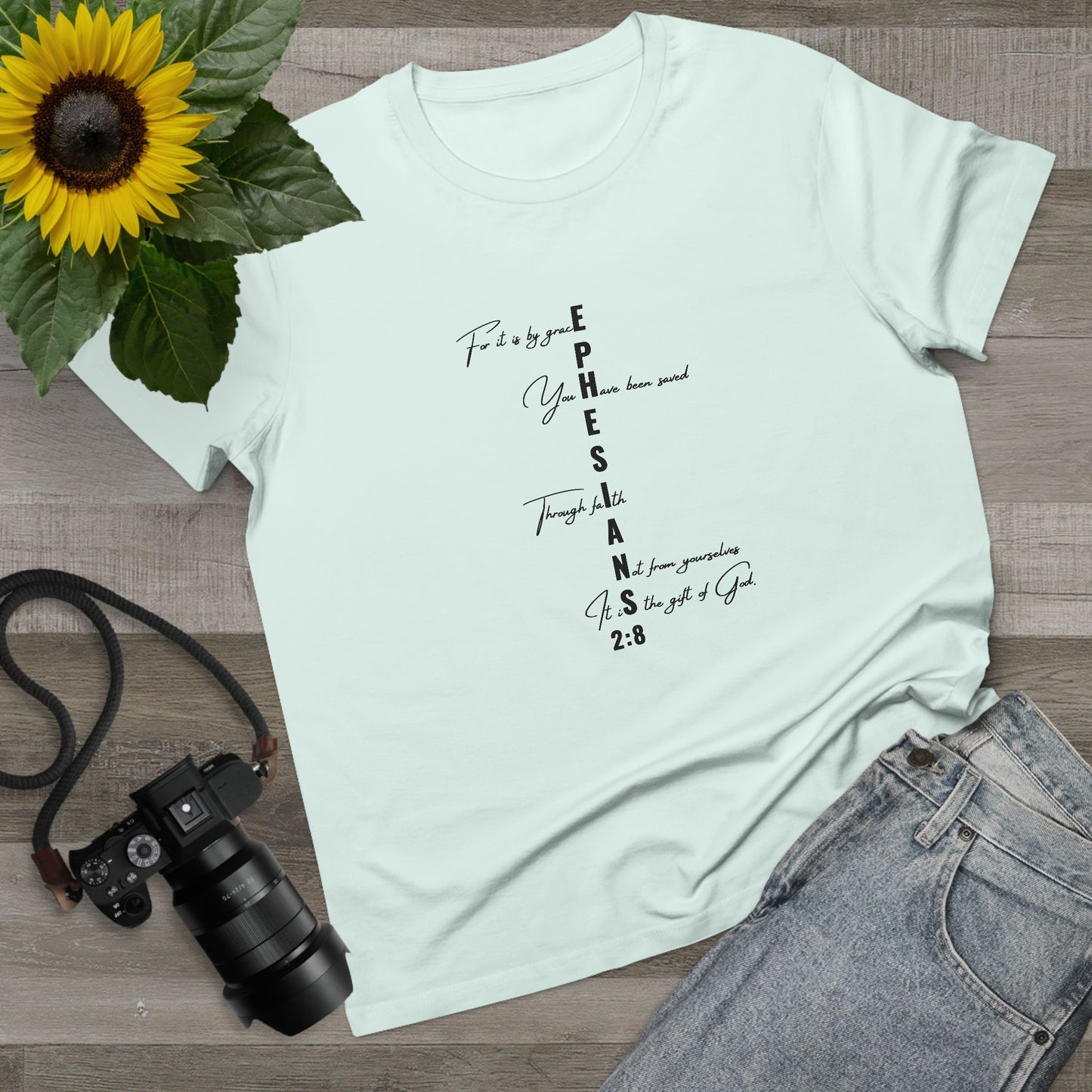 Ephesians 2:8 Grace & Faith Women’s Christian T-Shirt – Vertical Scripture Design