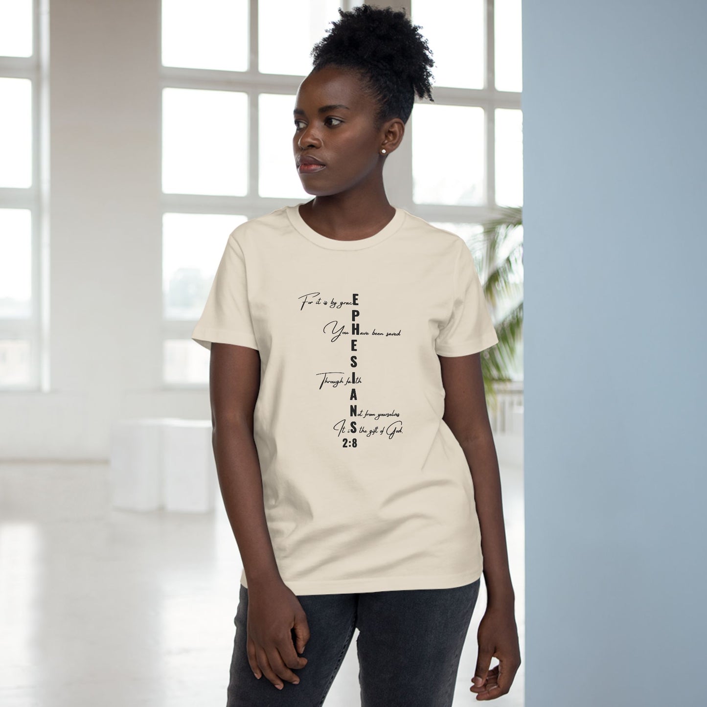 Ephesians 2:8 Grace & Faith Women’s Christian T-Shirt – Vertical Scripture Design
