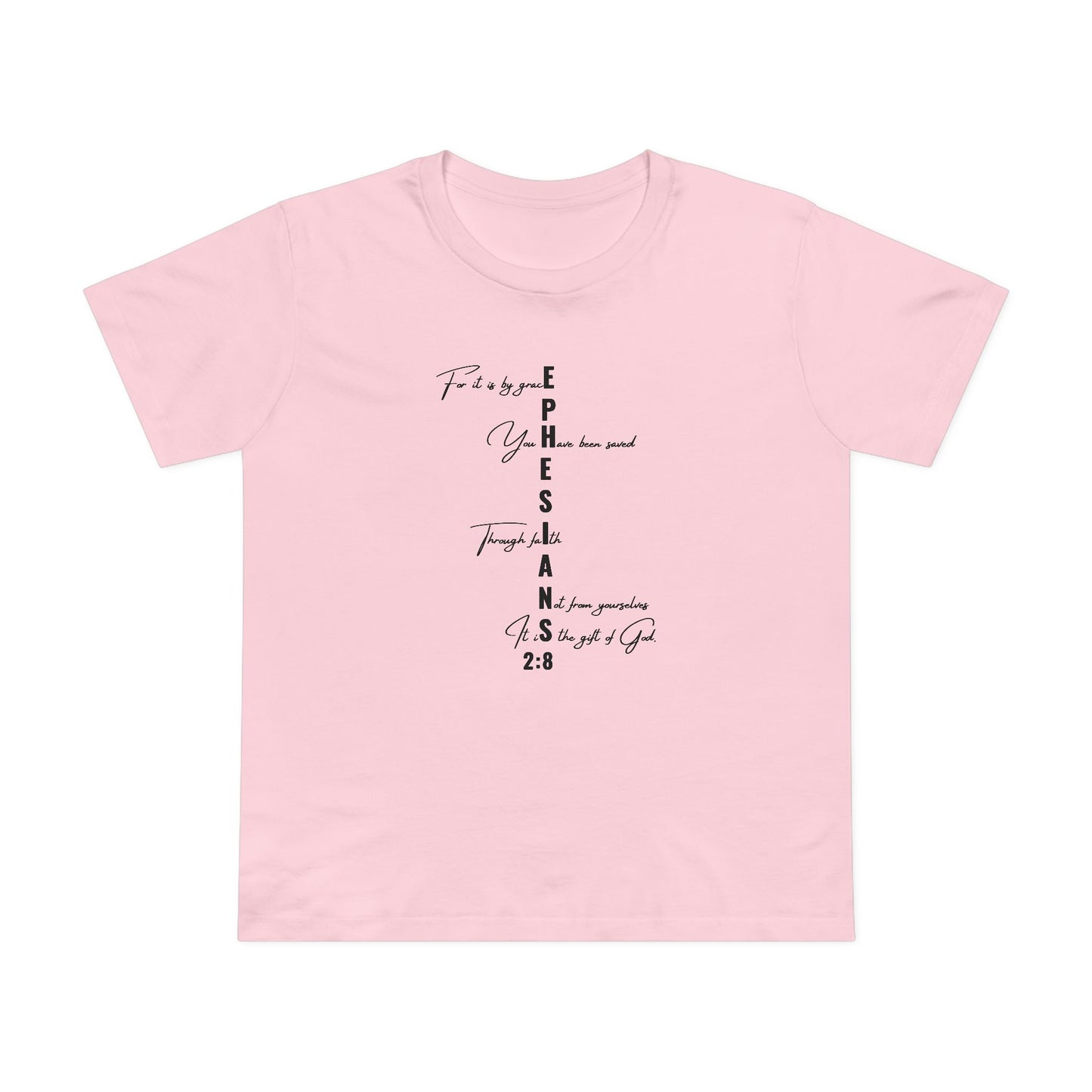 Ephesians 2:8 Grace & Faith Women’s Christian T-Shirt – Vertical Scripture Design