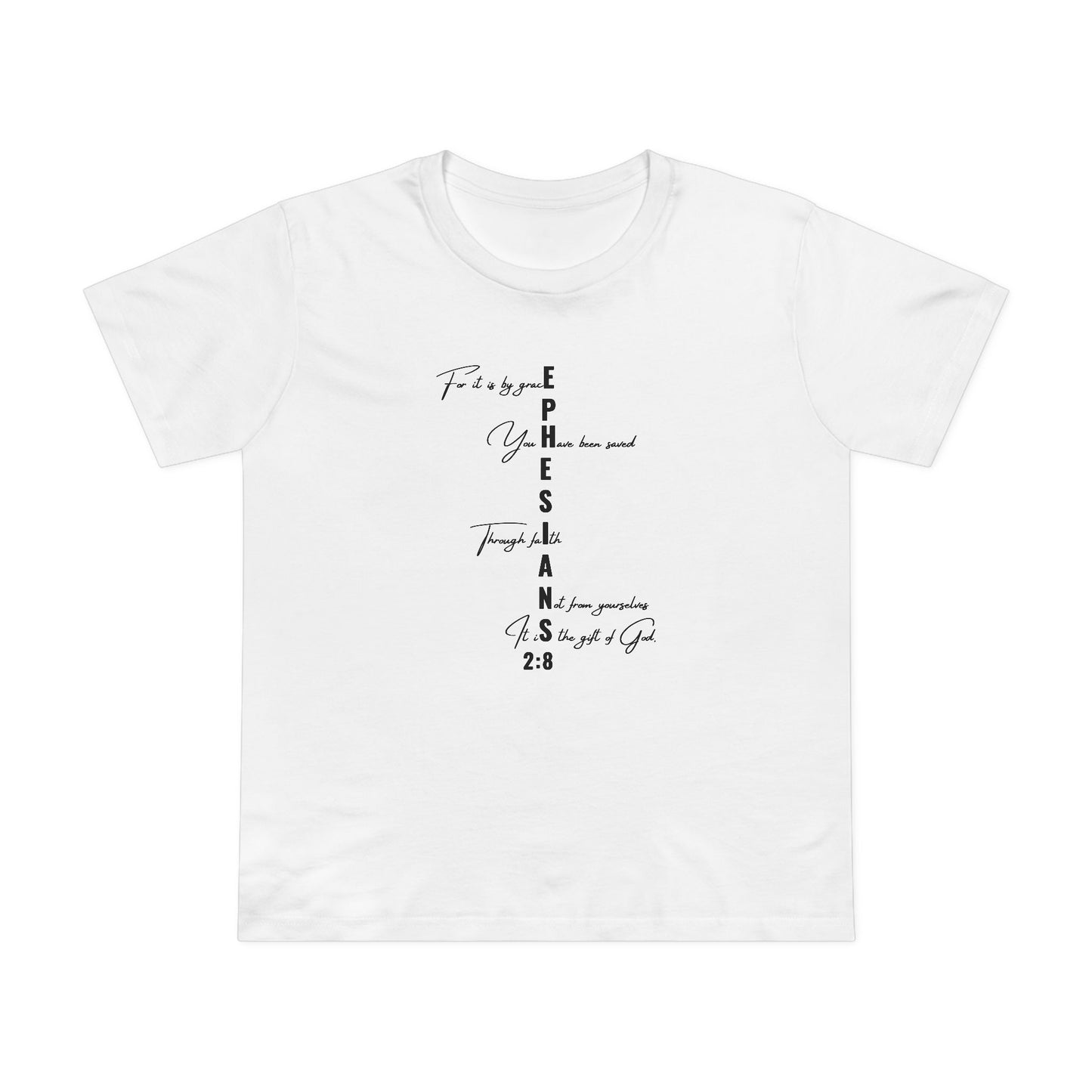 Ephesians 2:8 Grace & Faith Women’s Christian T-Shirt – Vertical Scripture Design