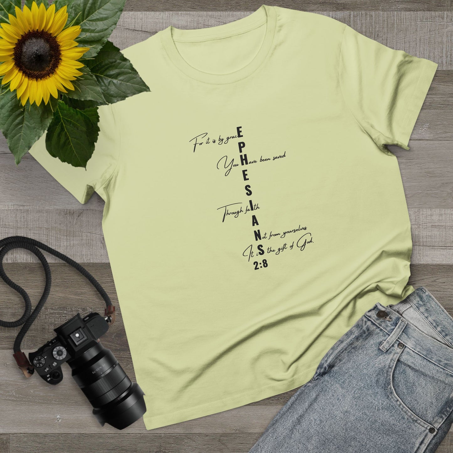 Ephesians 2:8 Grace & Faith Women’s Christian T-Shirt – Vertical Scripture Design