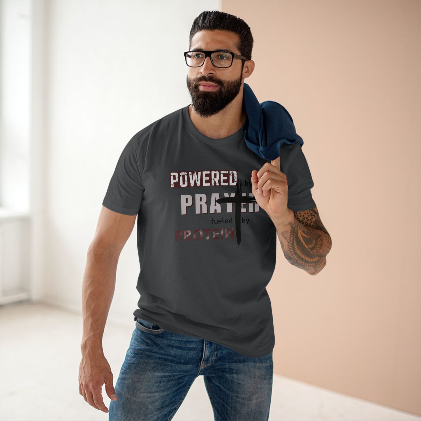 Powered by Prayer and Protein T-Shirt – Christian Fitness Gym Tee for Faith-Driven Athletes