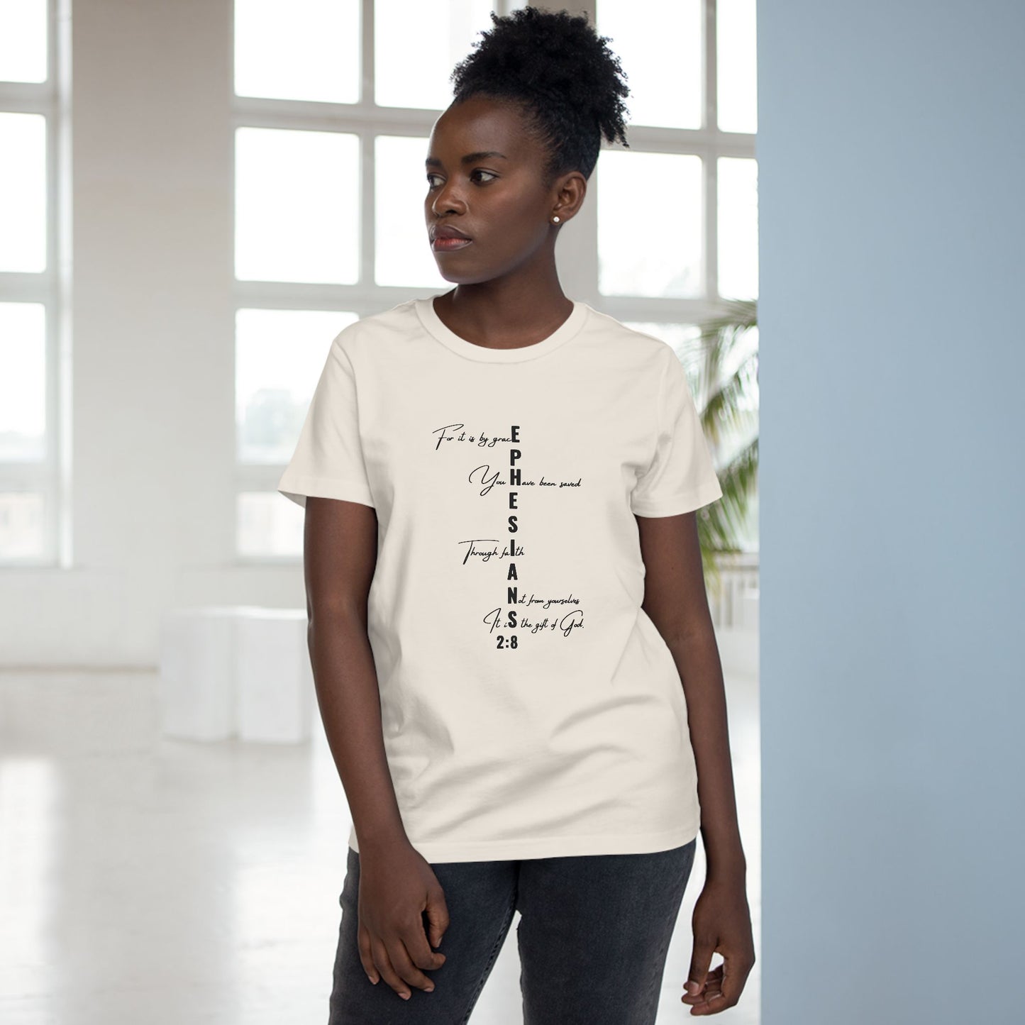 Ephesians 2:8 Grace & Faith Women’s Christian T-Shirt – Vertical Scripture Design