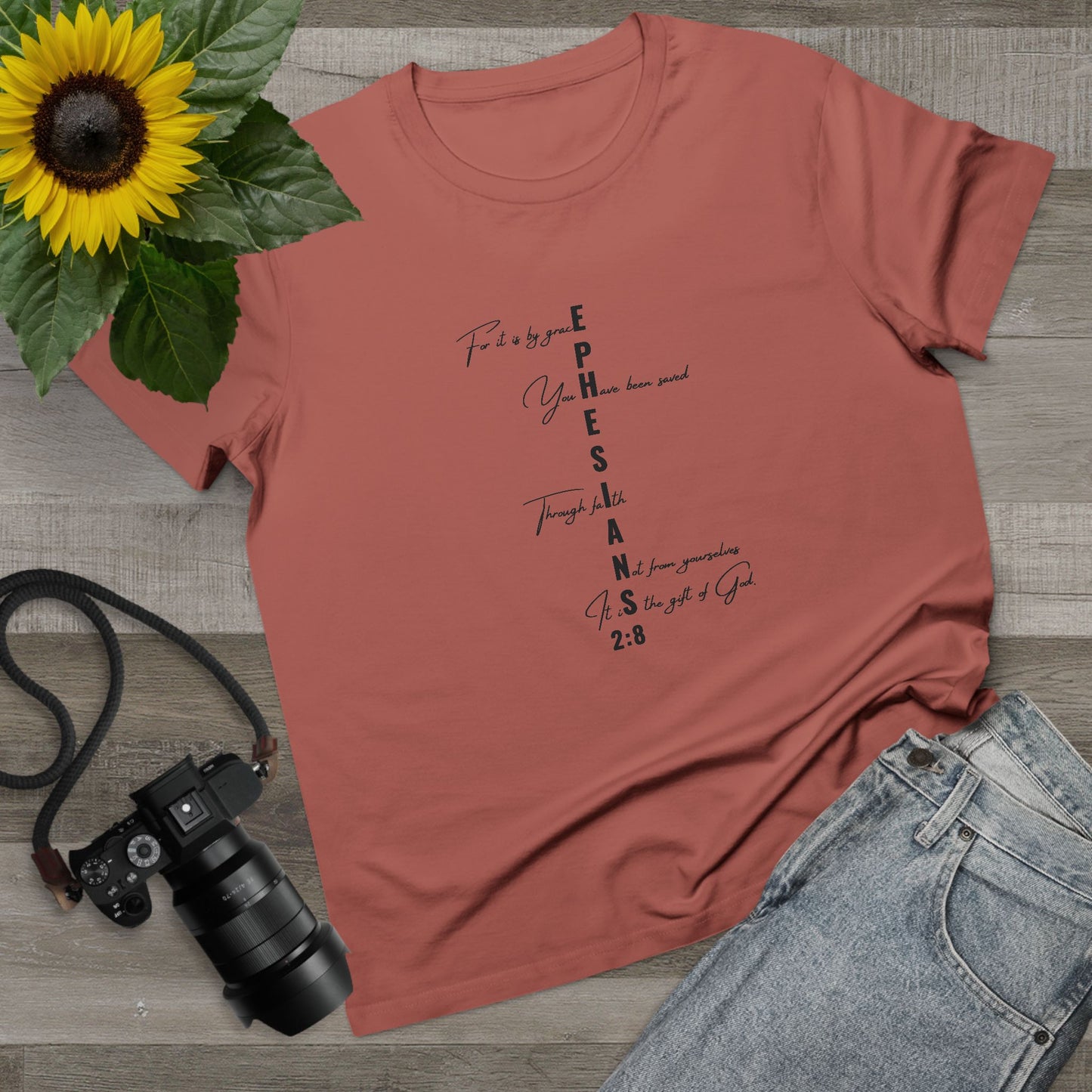 Ephesians 2:8 Grace & Faith Women’s Christian T-Shirt – Vertical Scripture Design