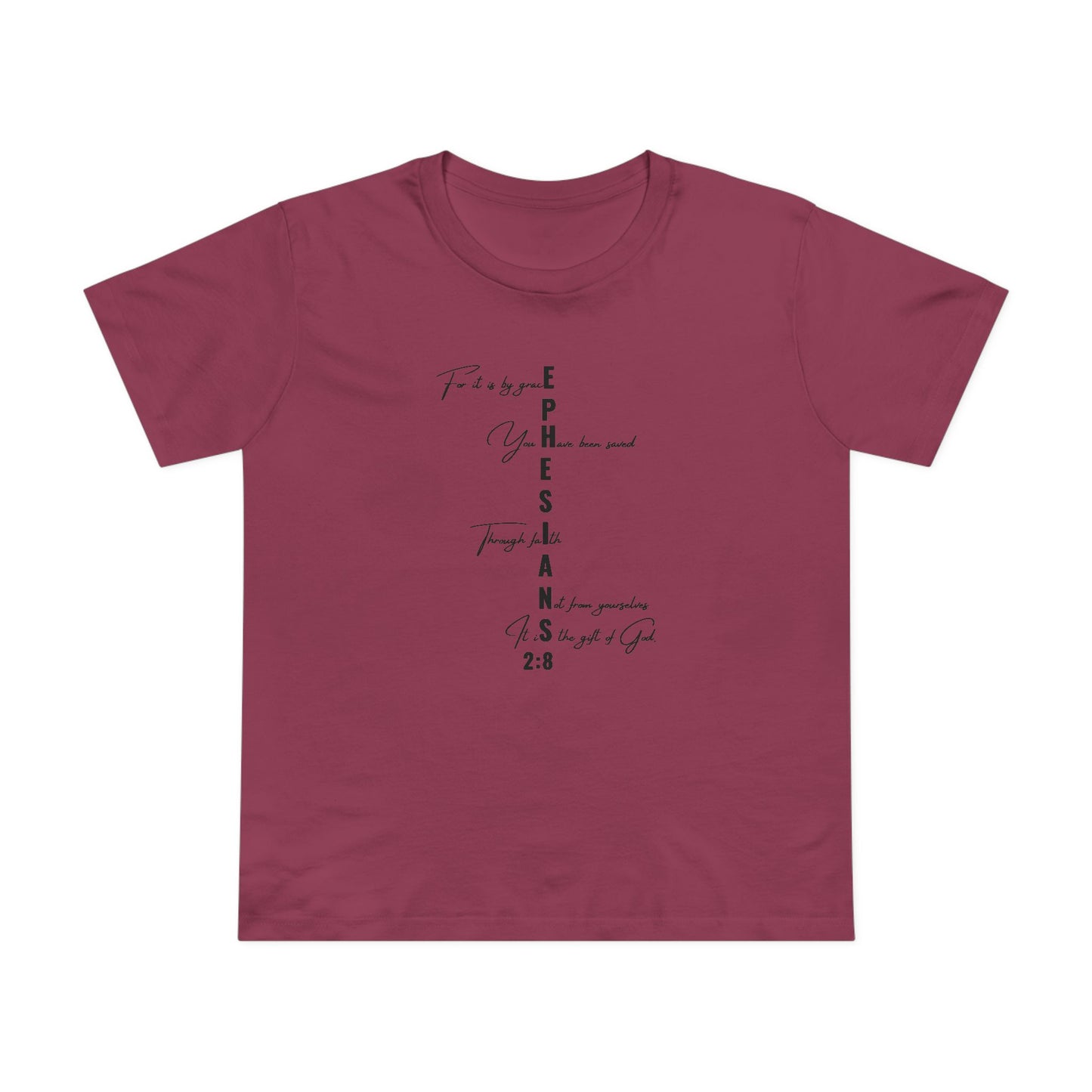 Ephesians 2:8 Grace & Faith Women’s Christian T-Shirt – Vertical Scripture Design