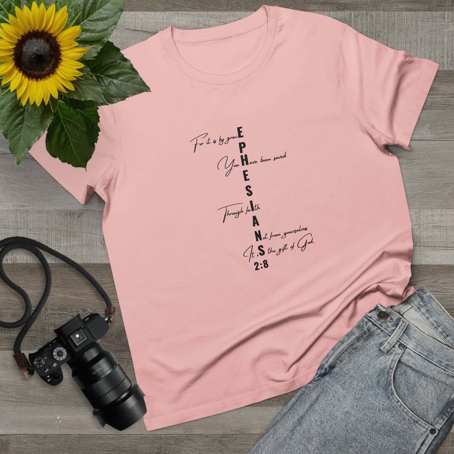 Ephesians 2:8 Grace & Faith Women’s Christian T-Shirt – Vertical Scripture Design
