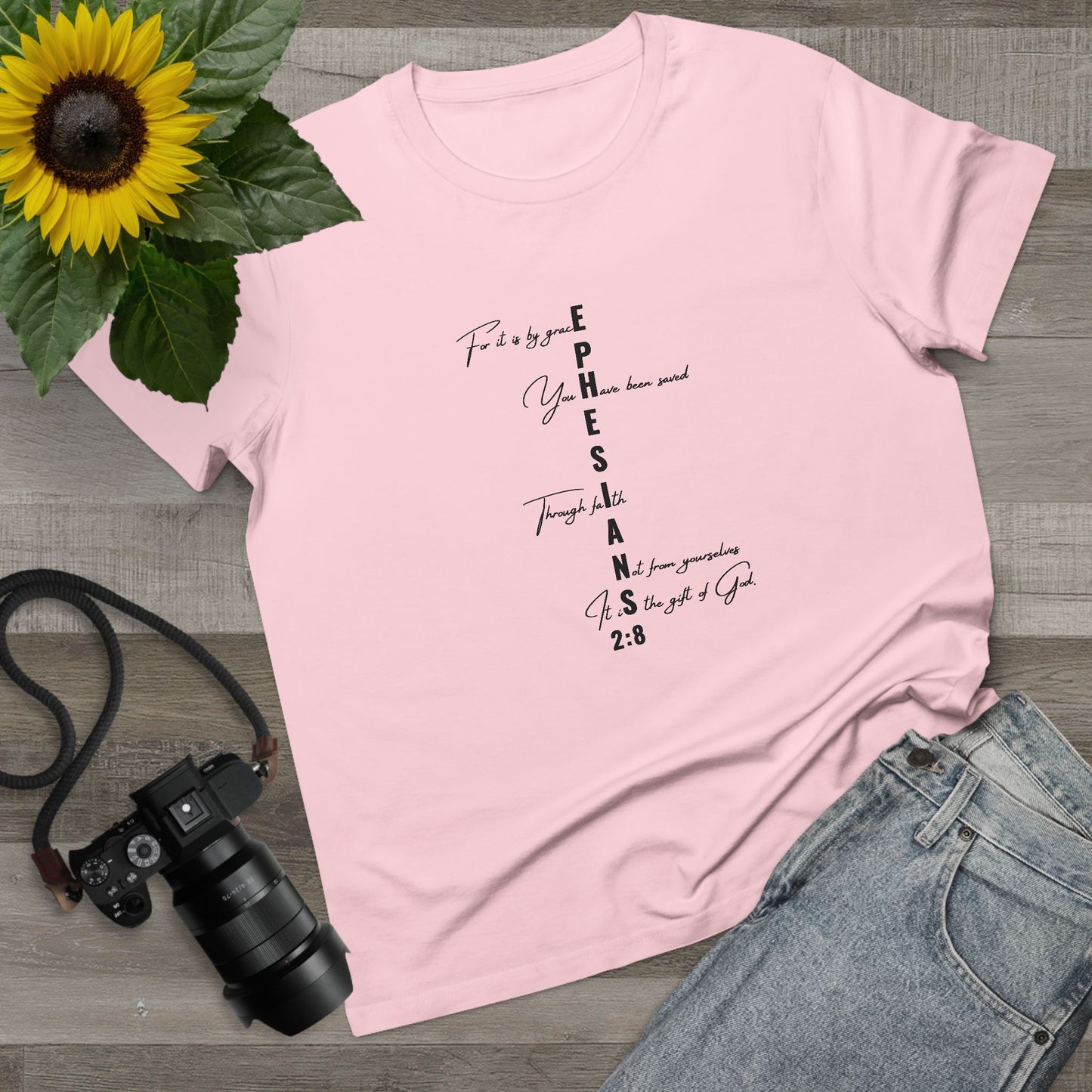 Ephesians 2:8 Grace & Faith Women’s Christian T-Shirt – Vertical Scripture Design