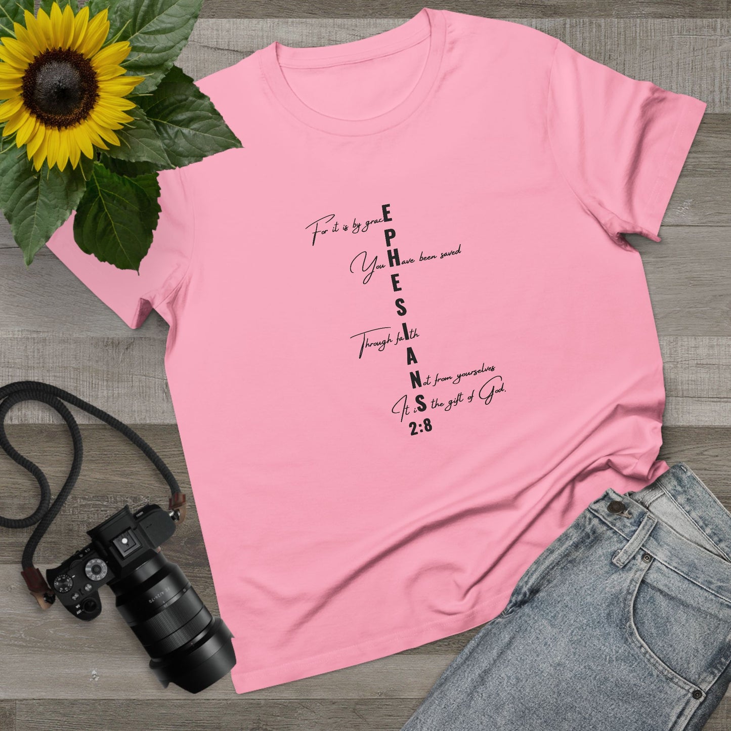 Ephesians 2:8 Grace & Faith Women’s Christian T-Shirt – Vertical Scripture Design