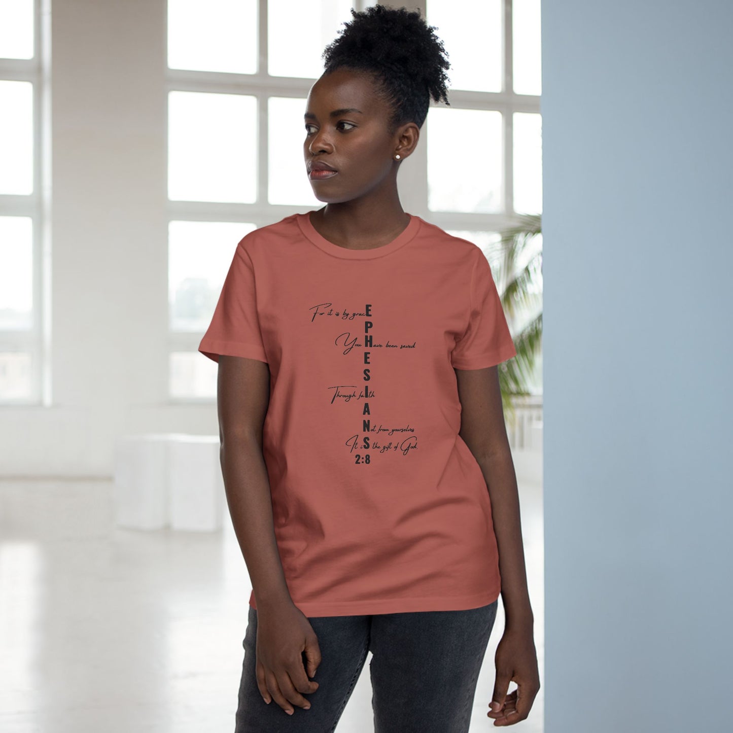 Ephesians 2:8 Grace & Faith Women’s Christian T-Shirt – Vertical Scripture Design