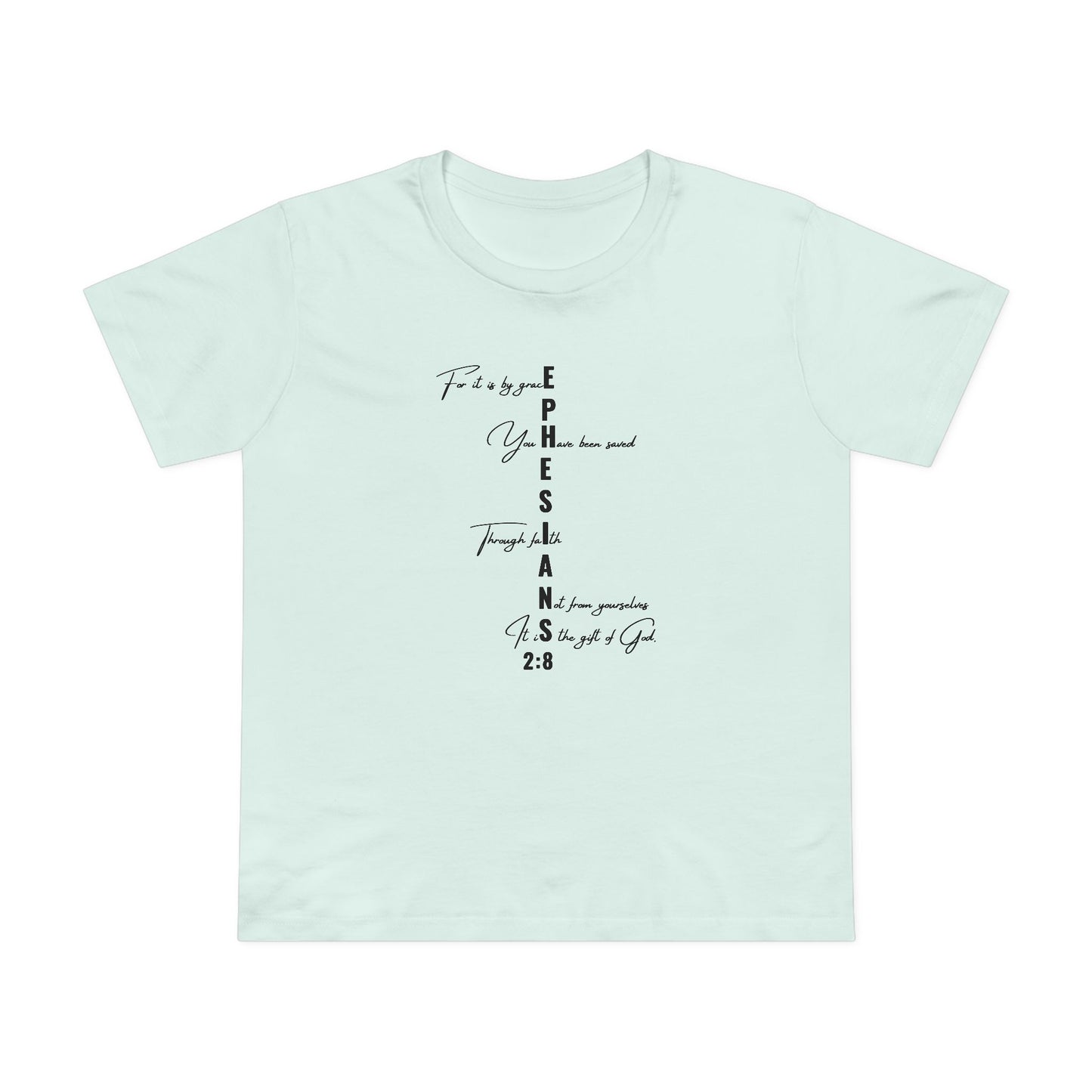 Ephesians 2:8 Grace & Faith Women’s Christian T-Shirt – Vertical Scripture Design