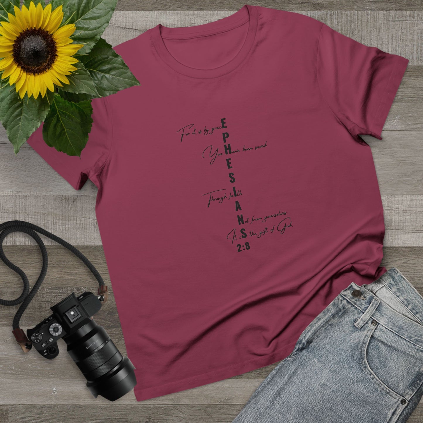 Ephesians 2:8 Grace & Faith Women’s Christian T-Shirt – Vertical Scripture Design