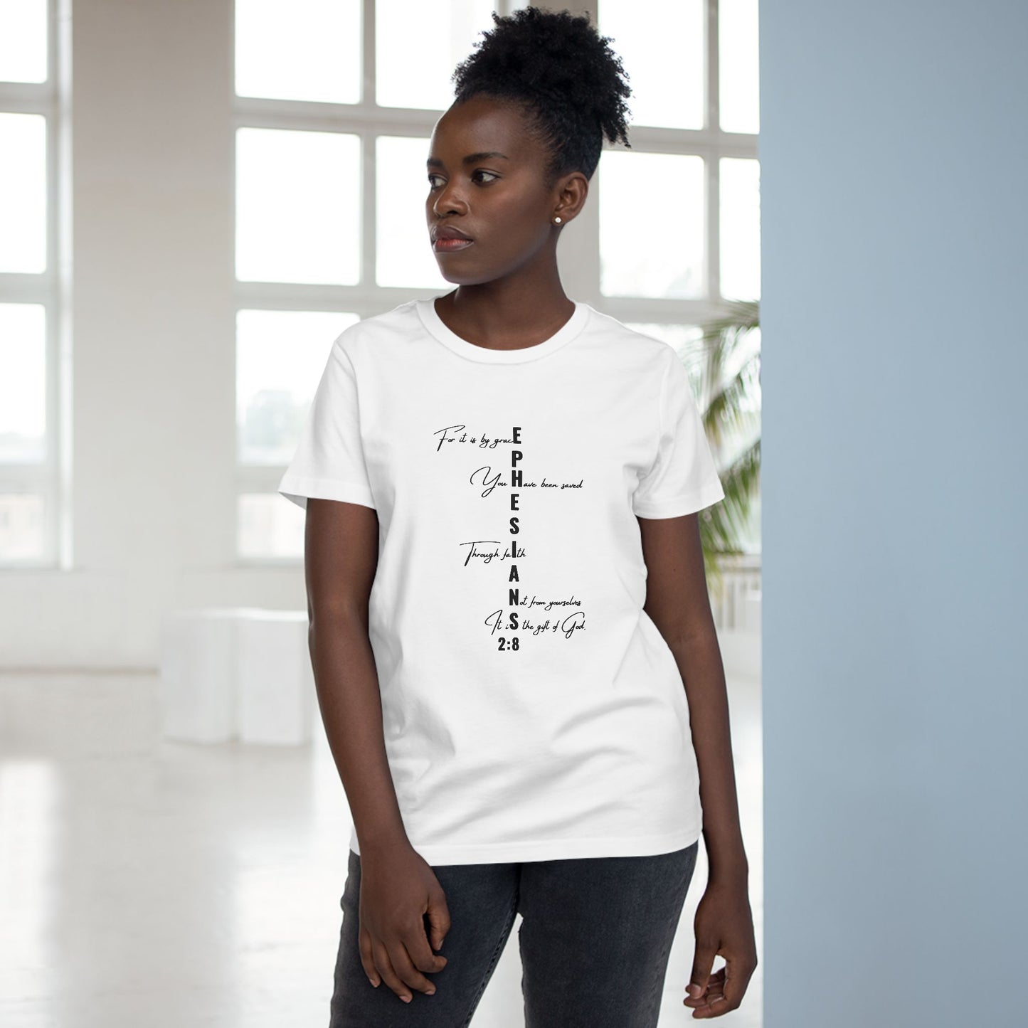 Ephesians 2:8 Grace & Faith Women’s Christian T-Shirt – Vertical Scripture Design