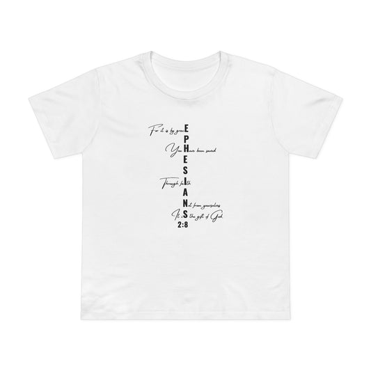 Ephesians 2:8 Grace & Faith Women’s Christian T-Shirt – Vertical Scripture Design