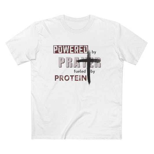 Powered by Prayer and Protein T-Shirt – Christian Fitness Gym Tee for Faith-Driven Athletes
